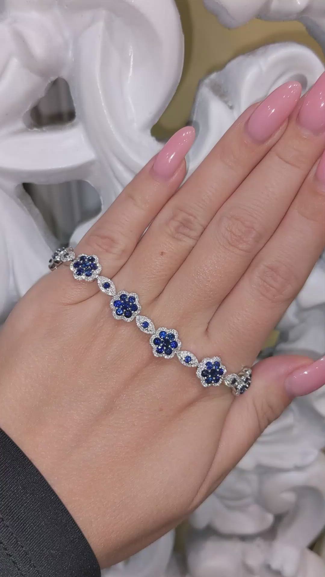 6.38 Ct.Tw. Blue Sapphire and Natural Diamond Pave Bracelet, 18K White Gold Size Video