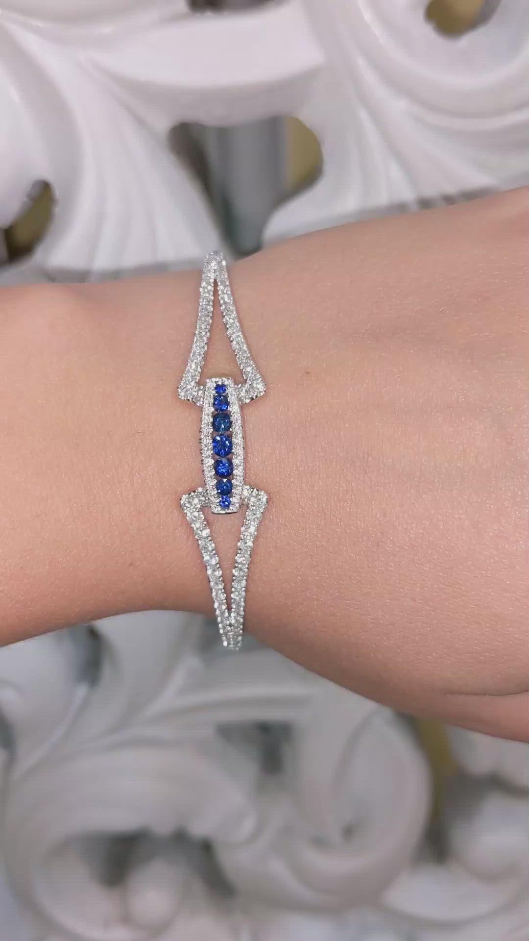 0.56 Ct.Tw. Blue Sapphire and Natural Diamond Pave Bracelet, 18K White Gold Size Video