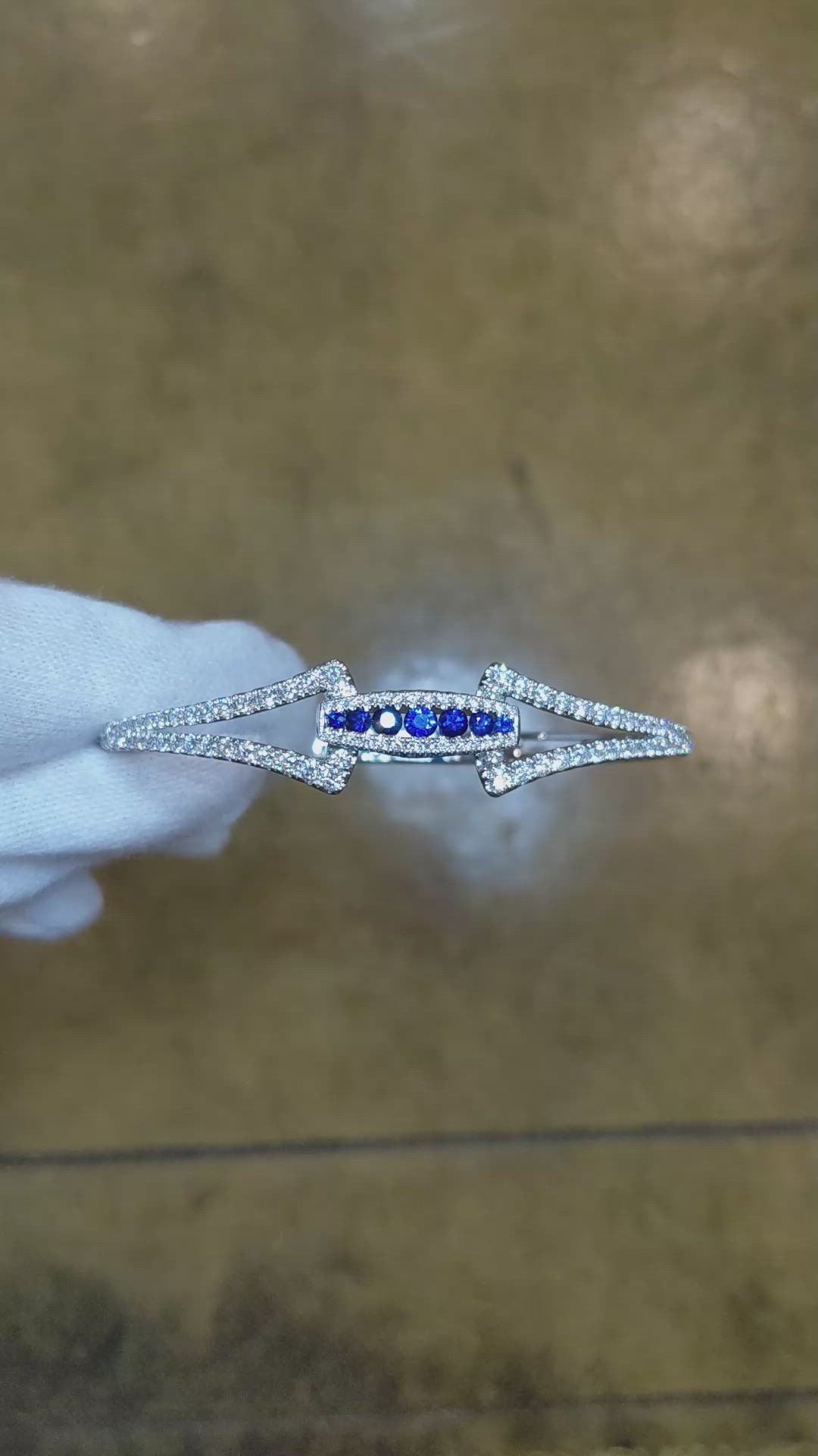 0.56 Ct.Tw. Blue Sapphire and Natural Diamond Pave Bracelet, 18K White Gold Size Video