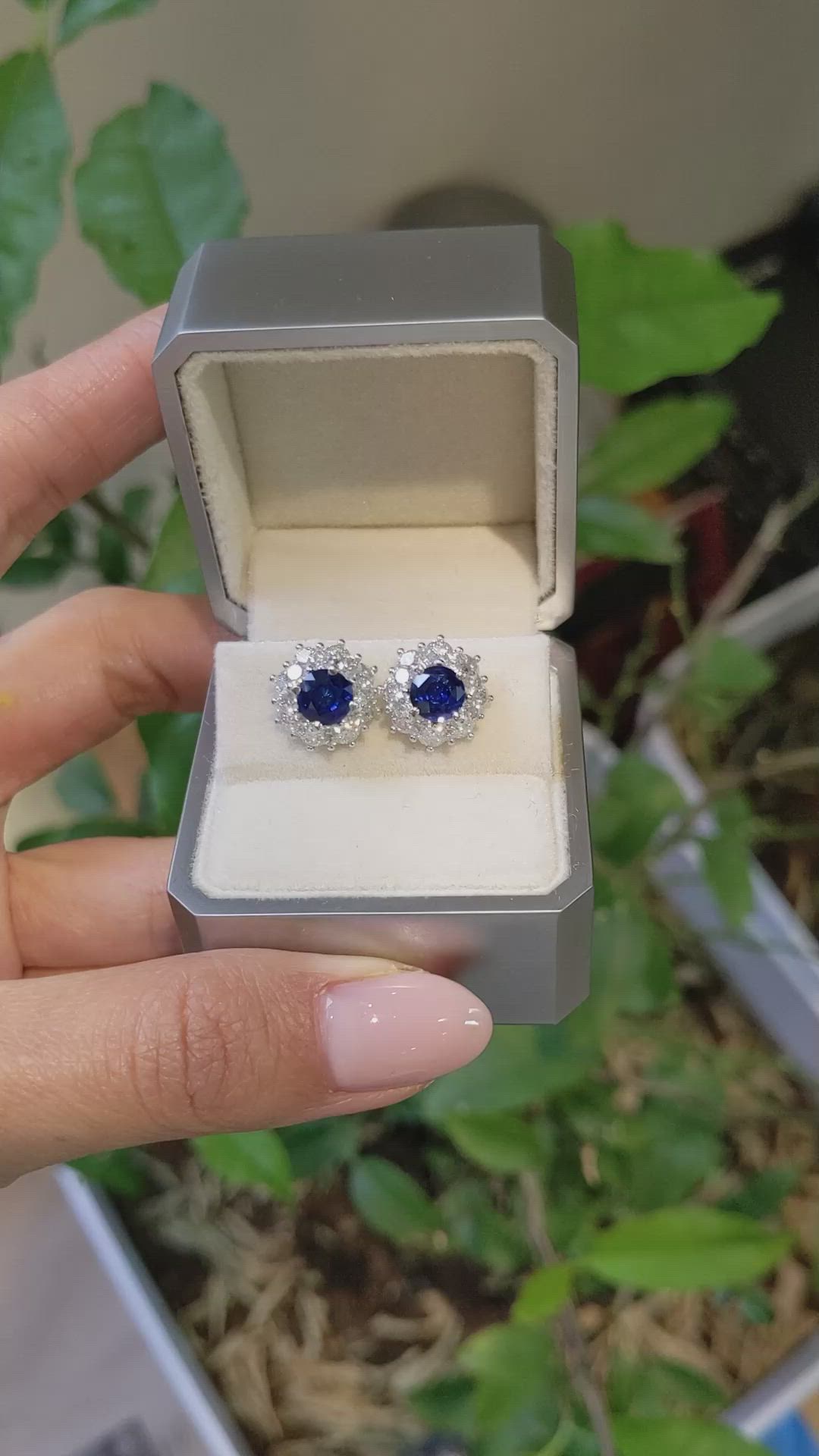 2.01&nbsp;Ct.Tw.Total Carat Weight Blue Sapphire and Natural Diamond Studs Earrings, 18K White Gold Size Video