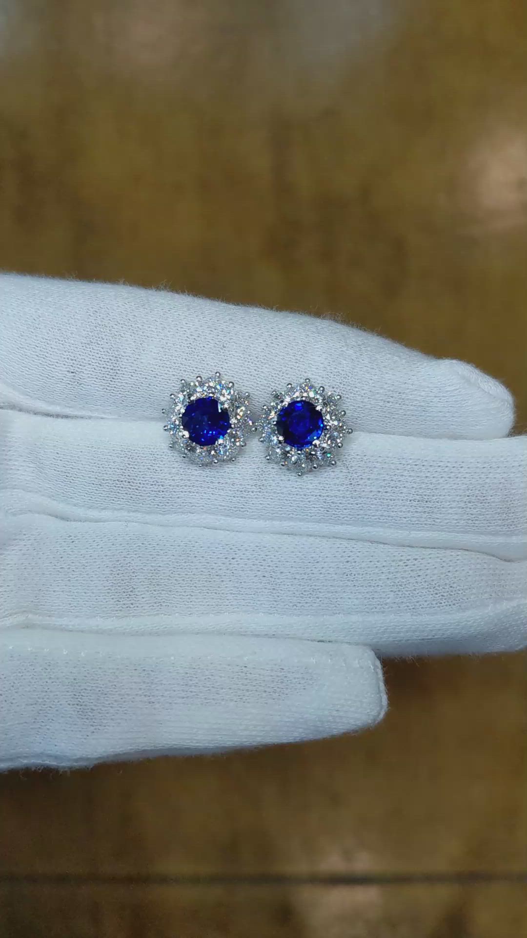 2.01 Ct.Tw. Blue Sapphire and Natural Diamond Halo Earrings, 18K White Gold Size Video
