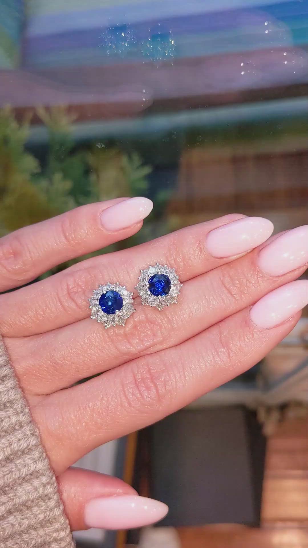 2.01 Ct.Tw. Blue Sapphire and Natural Diamond Halo Earrings, 18K White Gold Size Video