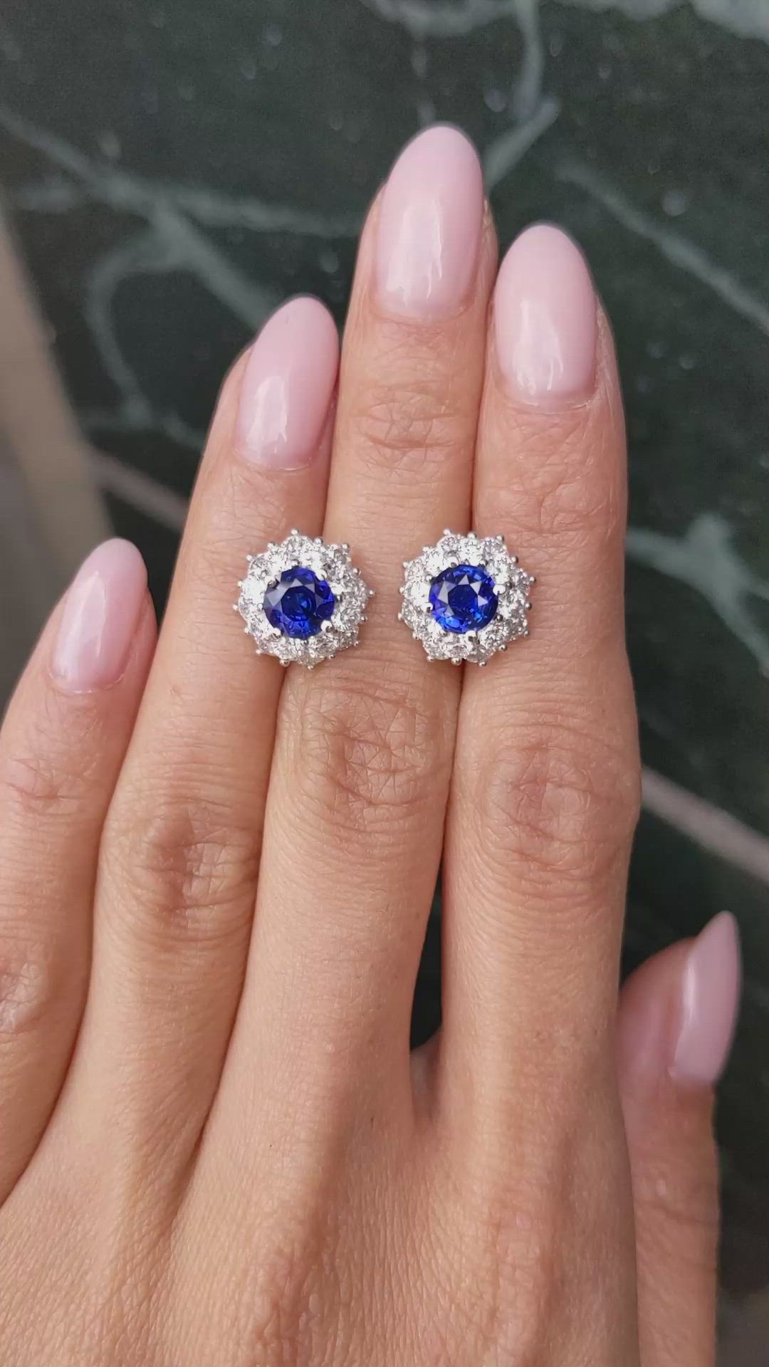 2.01&nbsp;Ct.Tw.Total Carat Weight Blue Sapphire and Natural Diamond Studs Earrings, 18K White Gold Size Video