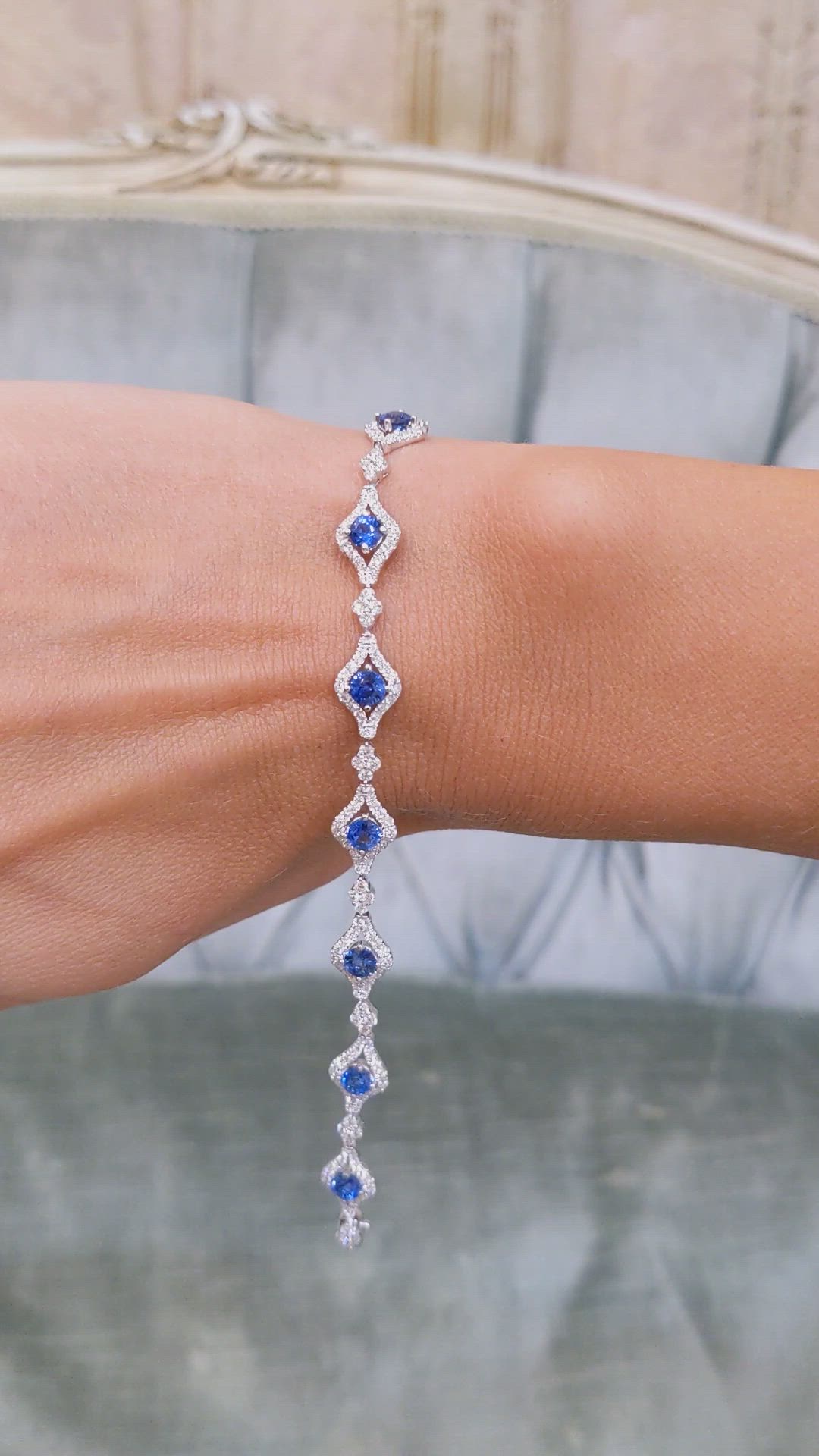 2.81 Ct.Tw. Blue Sapphire and Natural Diamond Pave Bracelet, 18K White Gold Size Video
