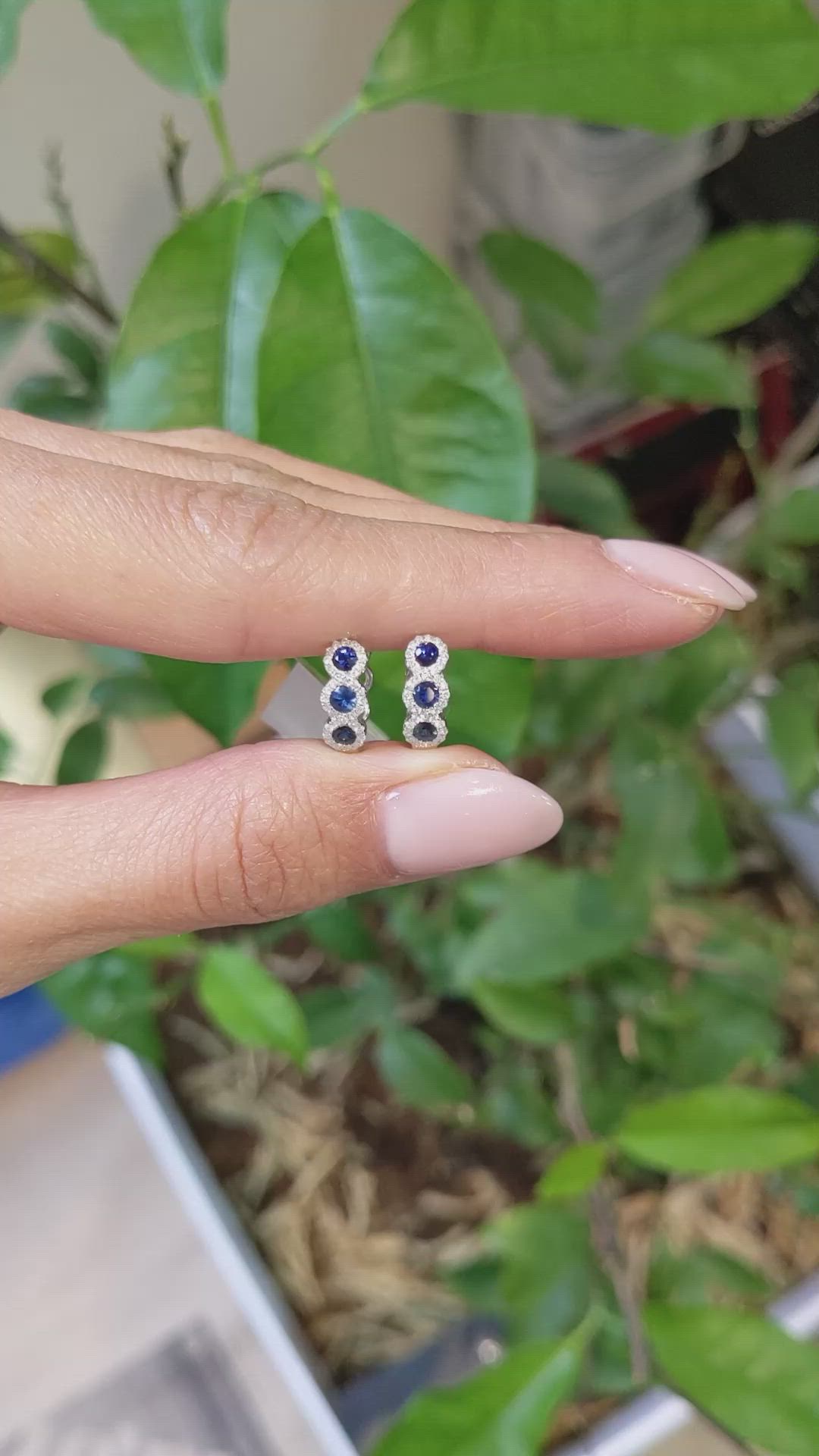 0.52 Ct.Tw.Total Carat Weight Blue Sapphire and Natural Diamond Pave Earrings, 18K White Gold Size Video