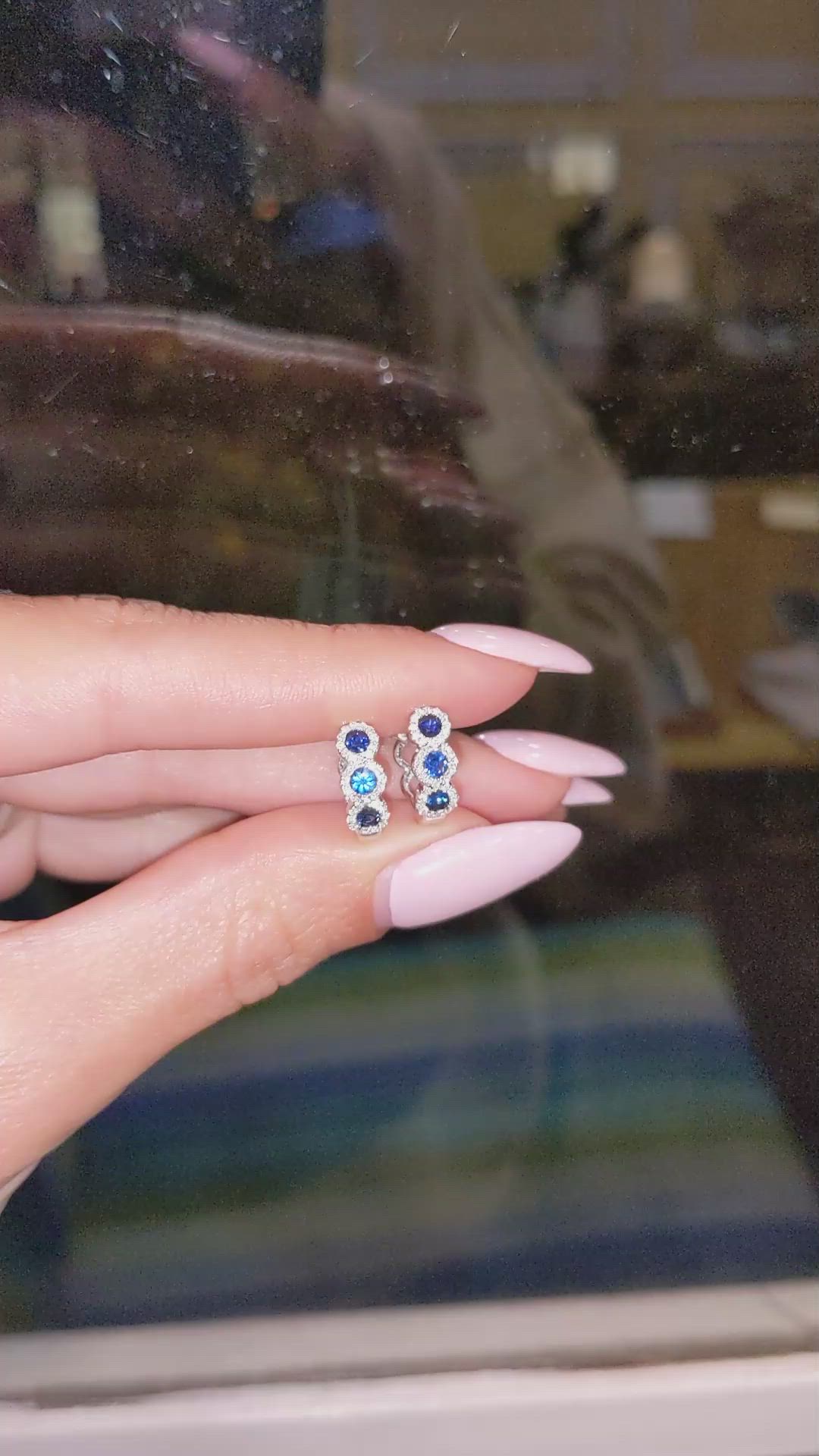 0.52 Ct.Tw. Blue Sapphire and Natural Diamond Pave Earrings, 18K White Gold Size Video