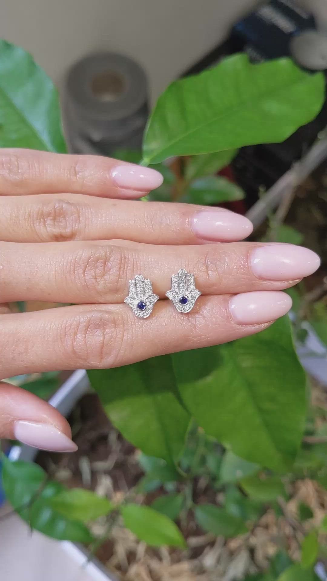 0.10&nbsp;Ct.Tw.Total Carat Weight Blue Sapphire and Natural Diamond Pave Earrings, 18K White Gold Size Video