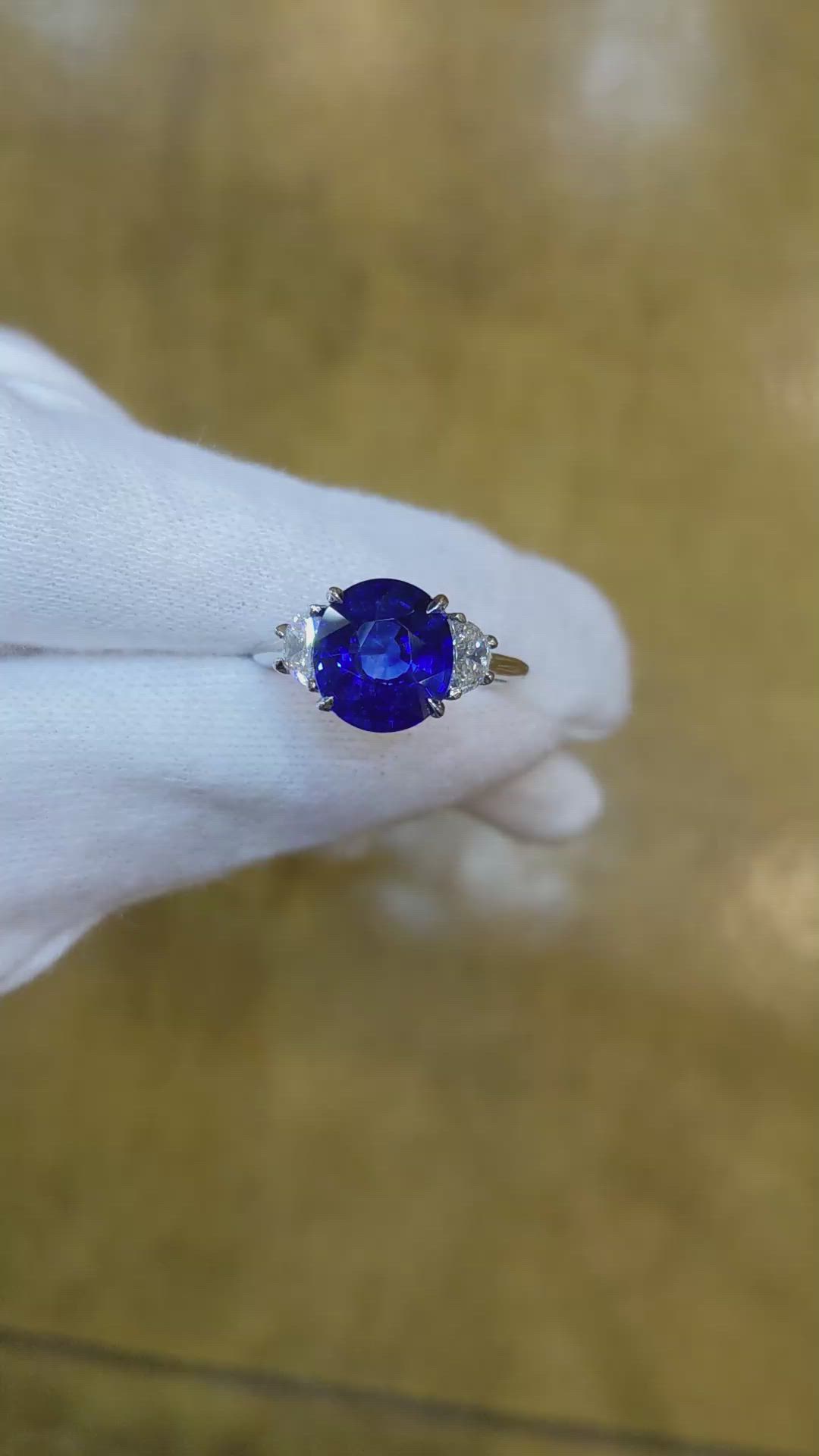 3.36 Ct. Blue Sapphire and Natural Diamond Three Stone Ring, Platinum 950 Size Video