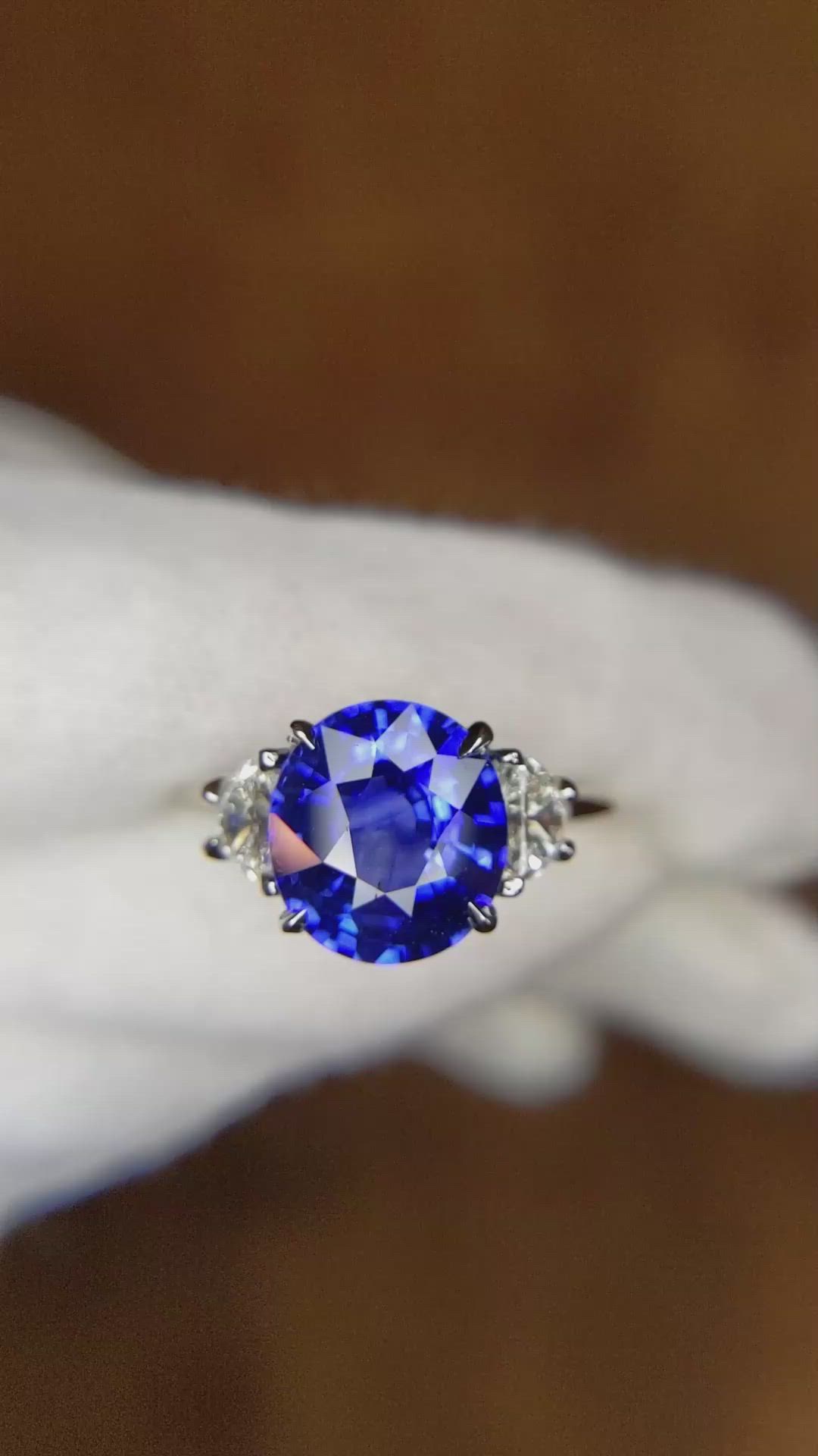 3.36 Ct. Blue Sapphire and Natural Diamond Three Stone Ring, Platinum 950 Size Video