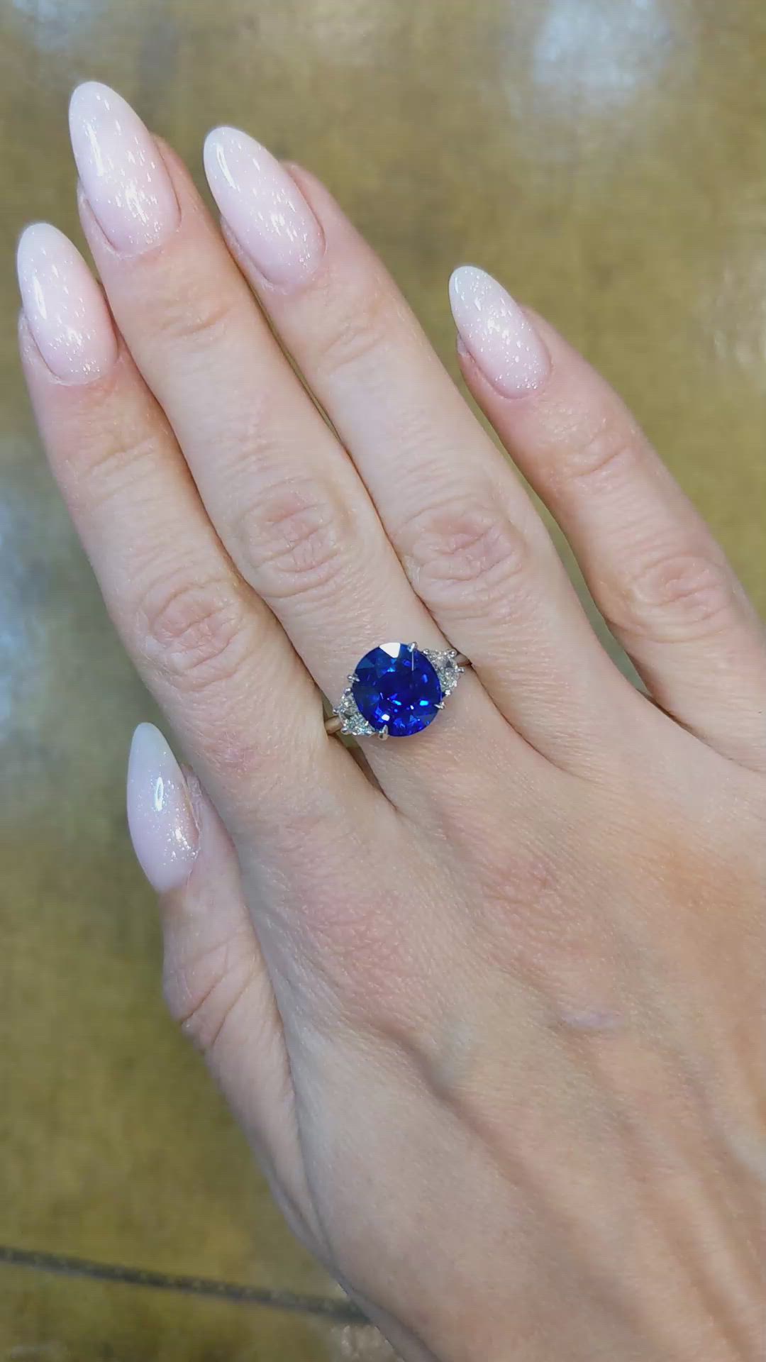 3.36 Ct. Blue Sapphire and Natural Diamond Three Stone Ring, Platinum 950 Size Video