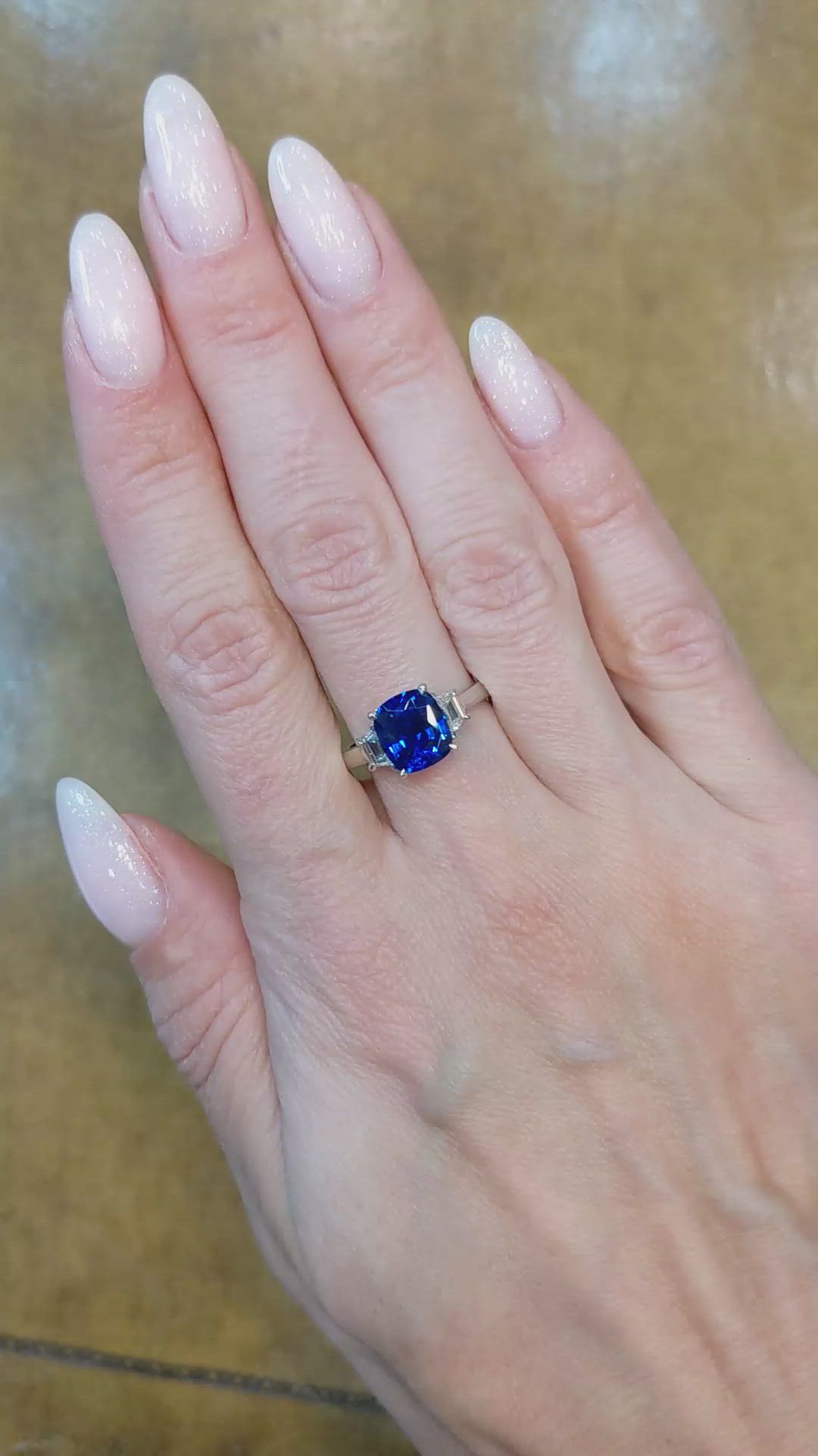 2.40 Ct. Blue Sapphire and Natural Diamond Three Stone Ring, Platinum 950 Size Video