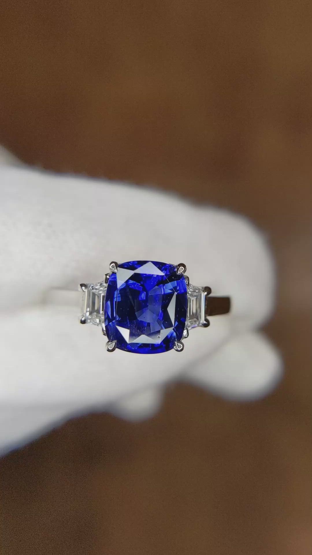 2.40 Ct. Blue Sapphire and Natural Diamond Three Stone Ring, Platinum 950 Size Video