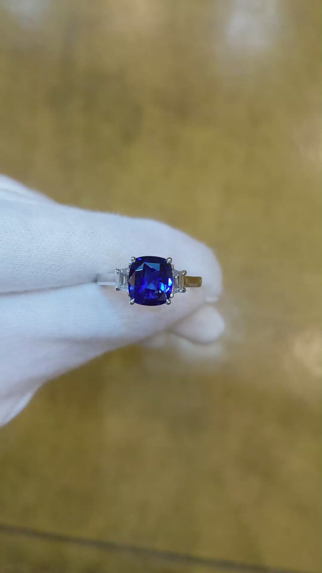 2.40 Ct. Blue Sapphire and Natural Diamond Three Stone Ring, Platinum 950 Size Video