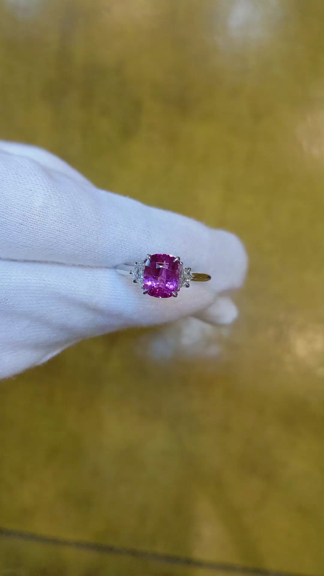 2.51 Ct. Pinkish Purple Sapphire and Natural Diamond Three Stone Ring, Platinum 950 Size Video