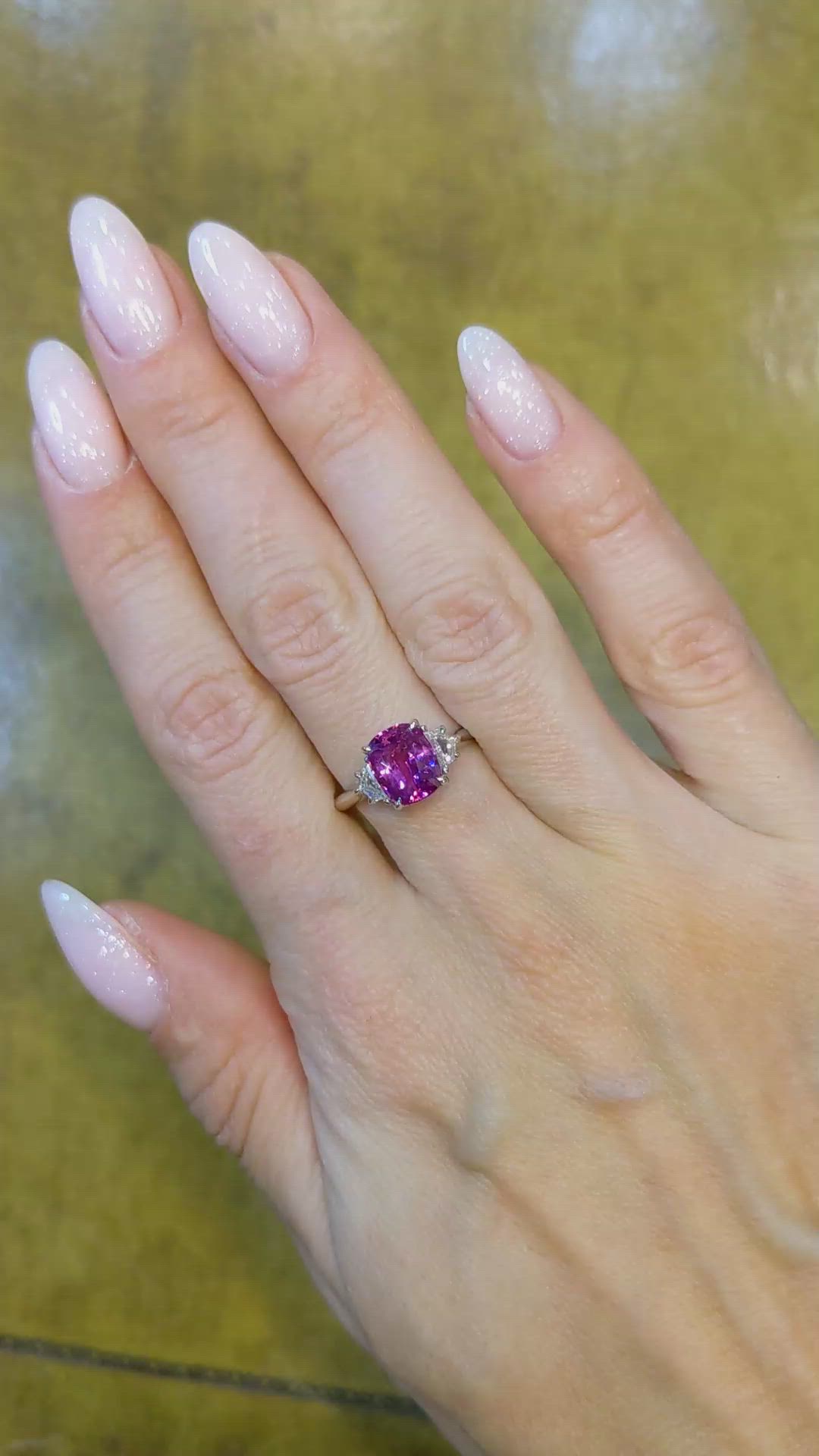 2.51 Ct. Pinkish Purple Sapphire and Natural Diamond Three Stone Ring, Platinum 950 Size Video