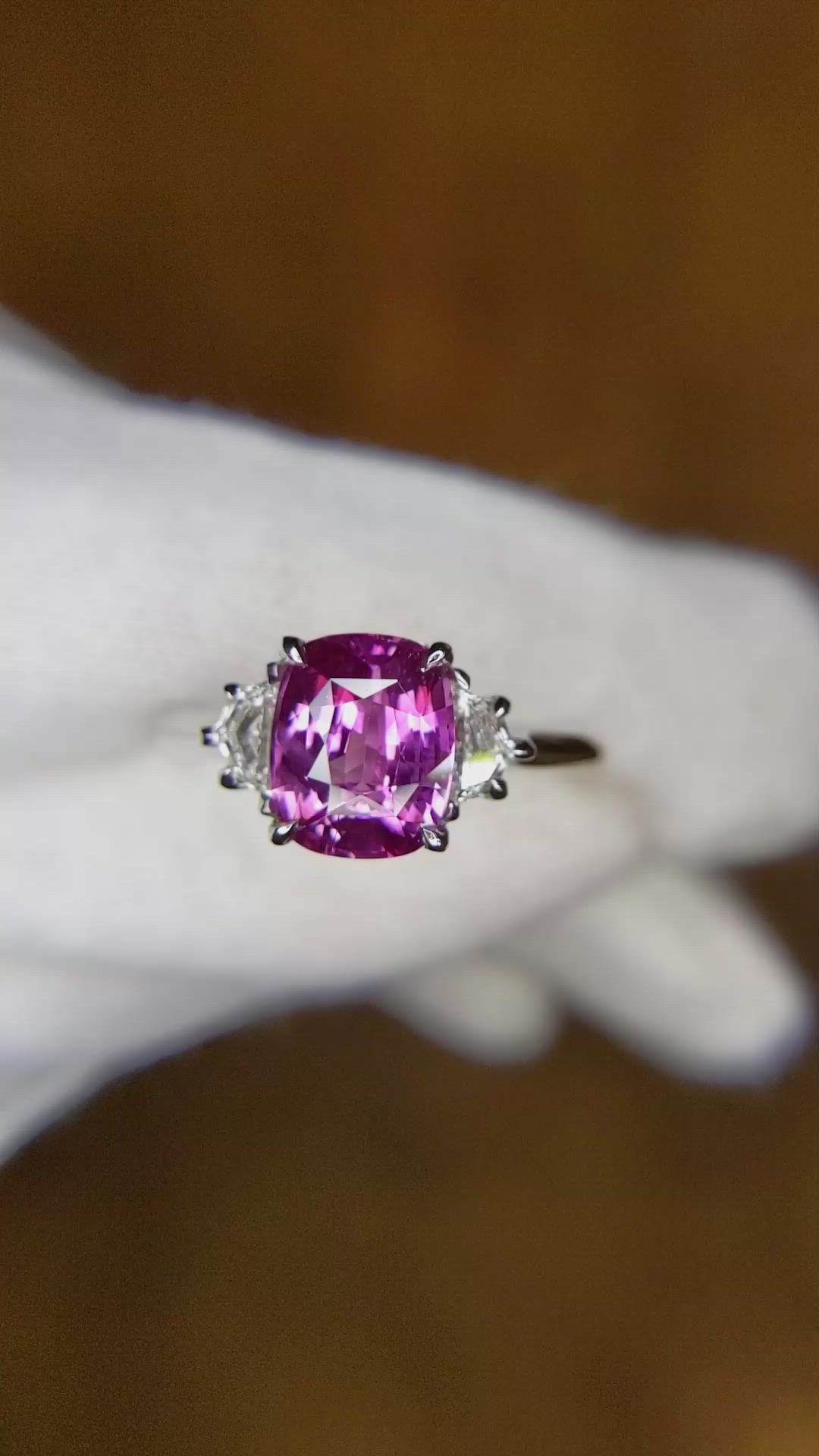 2.51 Ct. Pinkish Purple Sapphire and Natural Diamond Three Stone Ring, Platinum 950 Size Video