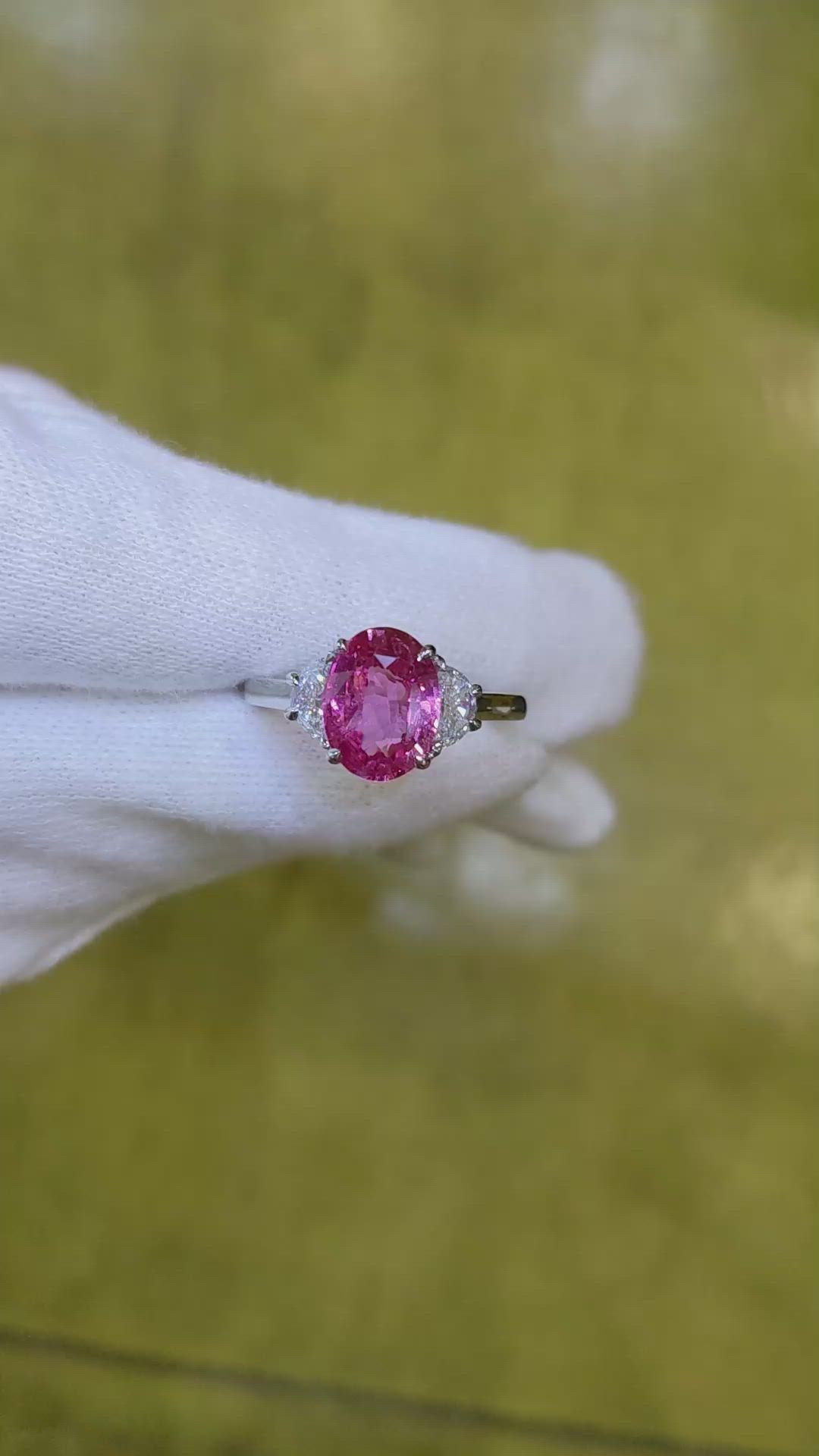 2.52 Ct. Pink Sapphire and Natural Diamond Three Stone Ring, Platinum 950 Size Video