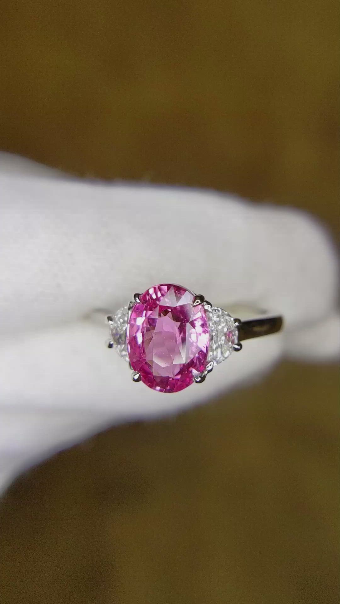 2.52 Ct. Pink Sapphire and Natural Diamond Three Stone Ring, Platinum 950 Size Video