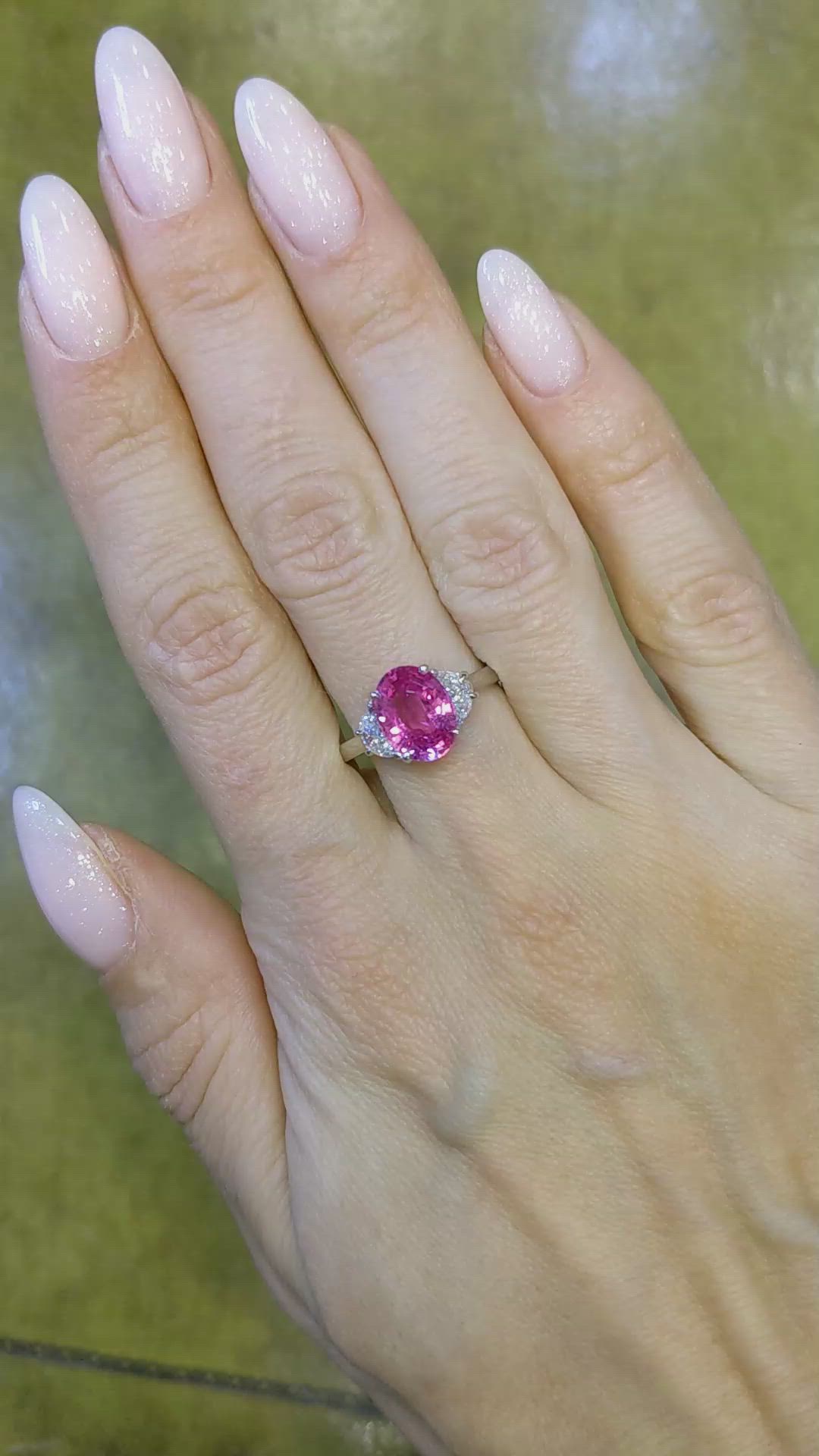 2.52 Ct. Pink Sapphire and Natural Diamond Three Stone Ring, Platinum 950 Size Video
