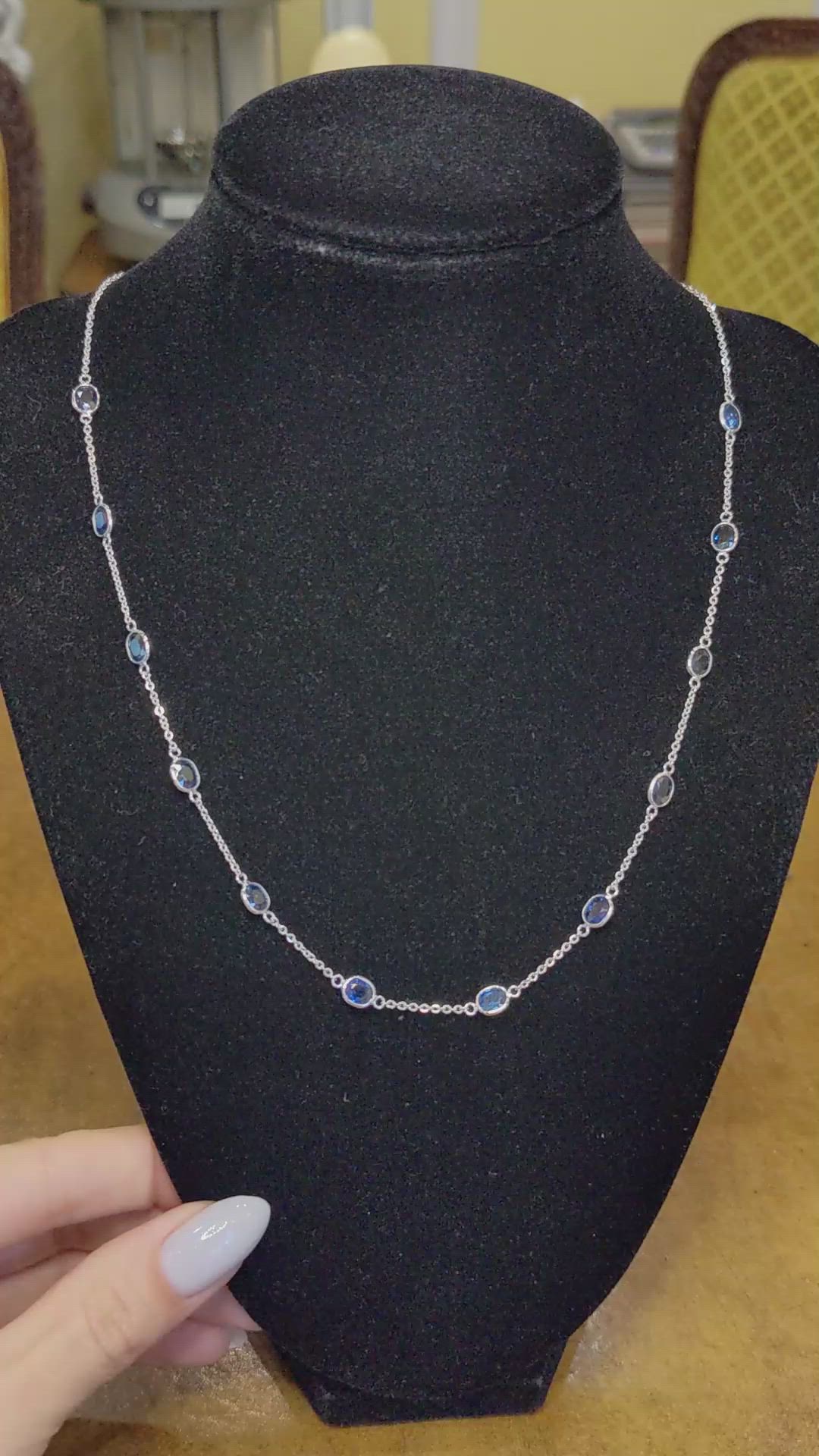 7.20 Ct. Blue Sapphire Bezel Necklace, 18K White Gold Size Video