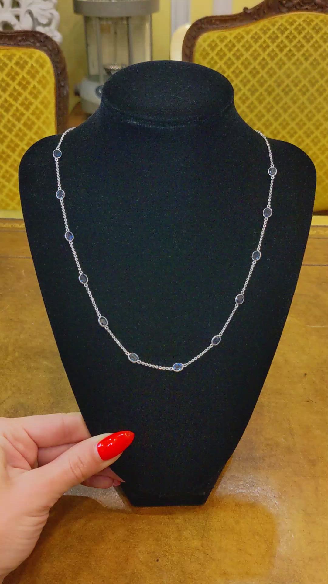 7.20 Ct. Blue Sapphire Bezel Necklace, 18K White Gold Size Video