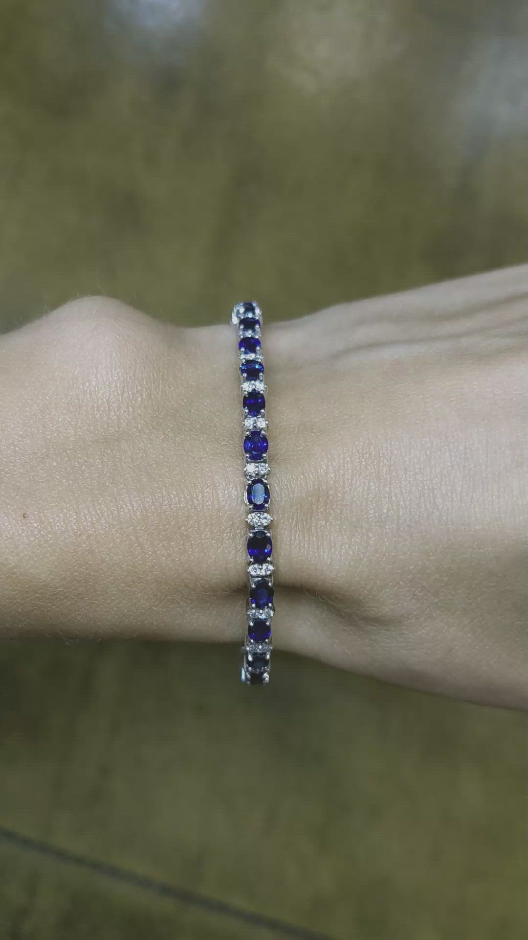 5.87 Ct.Tw. Blue Sapphire and Natural Diamond Tennis/Line Bracelet, 18K White Gold Size Video