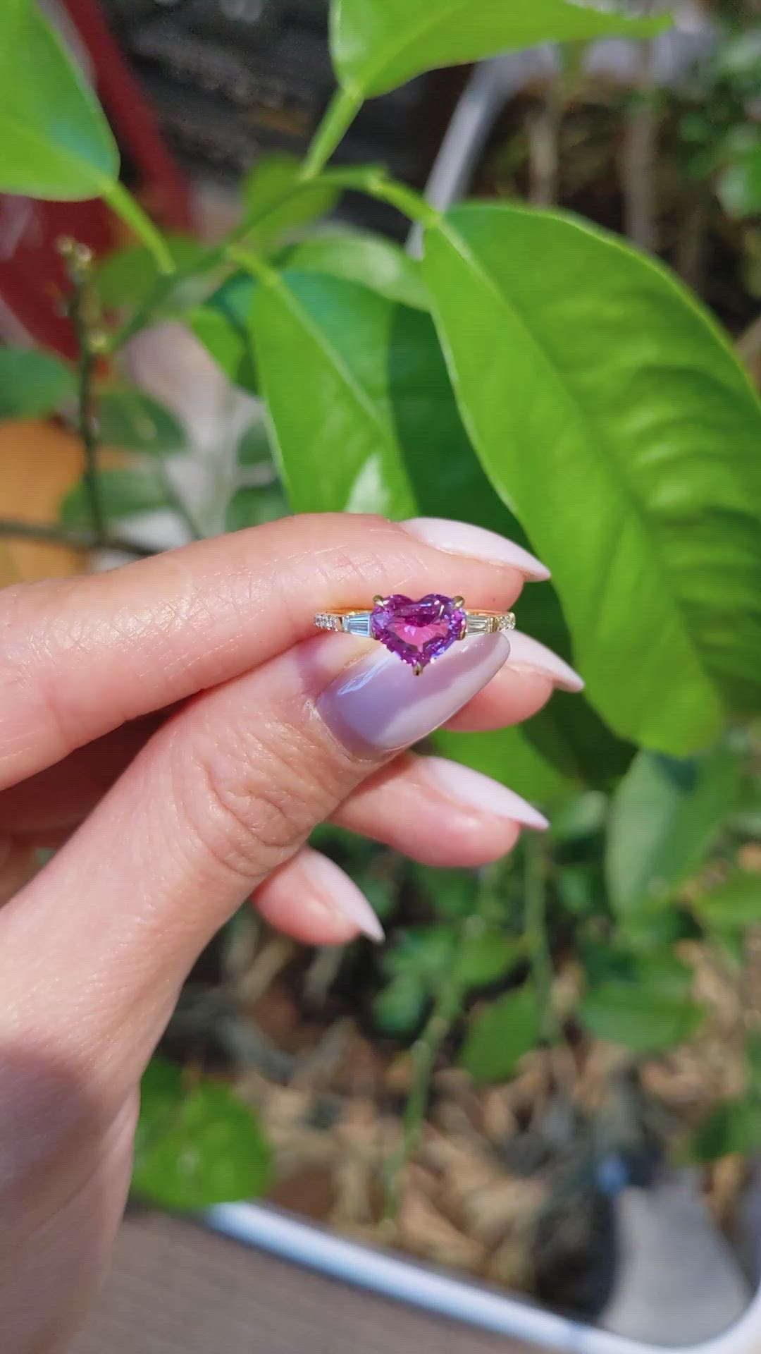 1.53 Ct. Pink Sapphire and Natural Diamond Three Stone Ring, 18K Yellow Gold Size Video