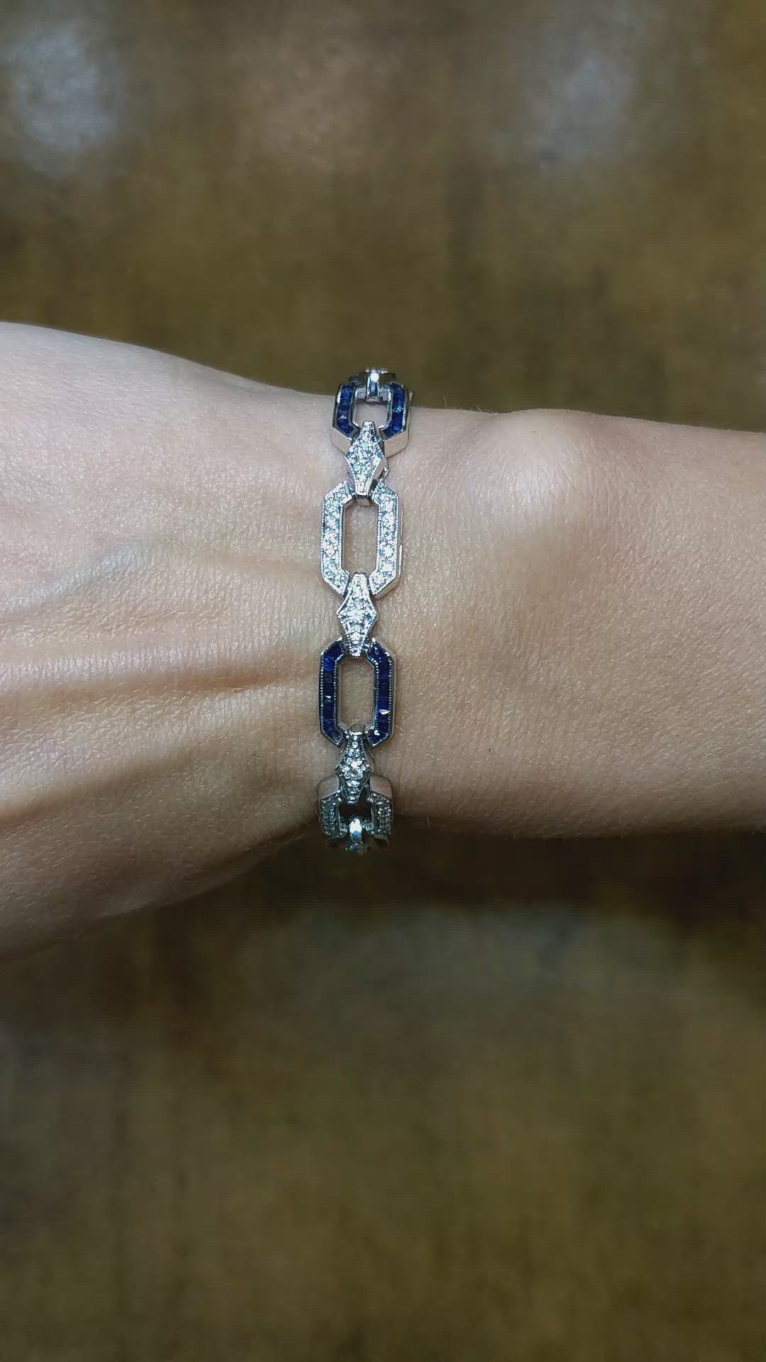 2.90 Ct.Tw. Blue Sapphire and Natural Diamond Pave Bracelet, 18K White Gold Size Video