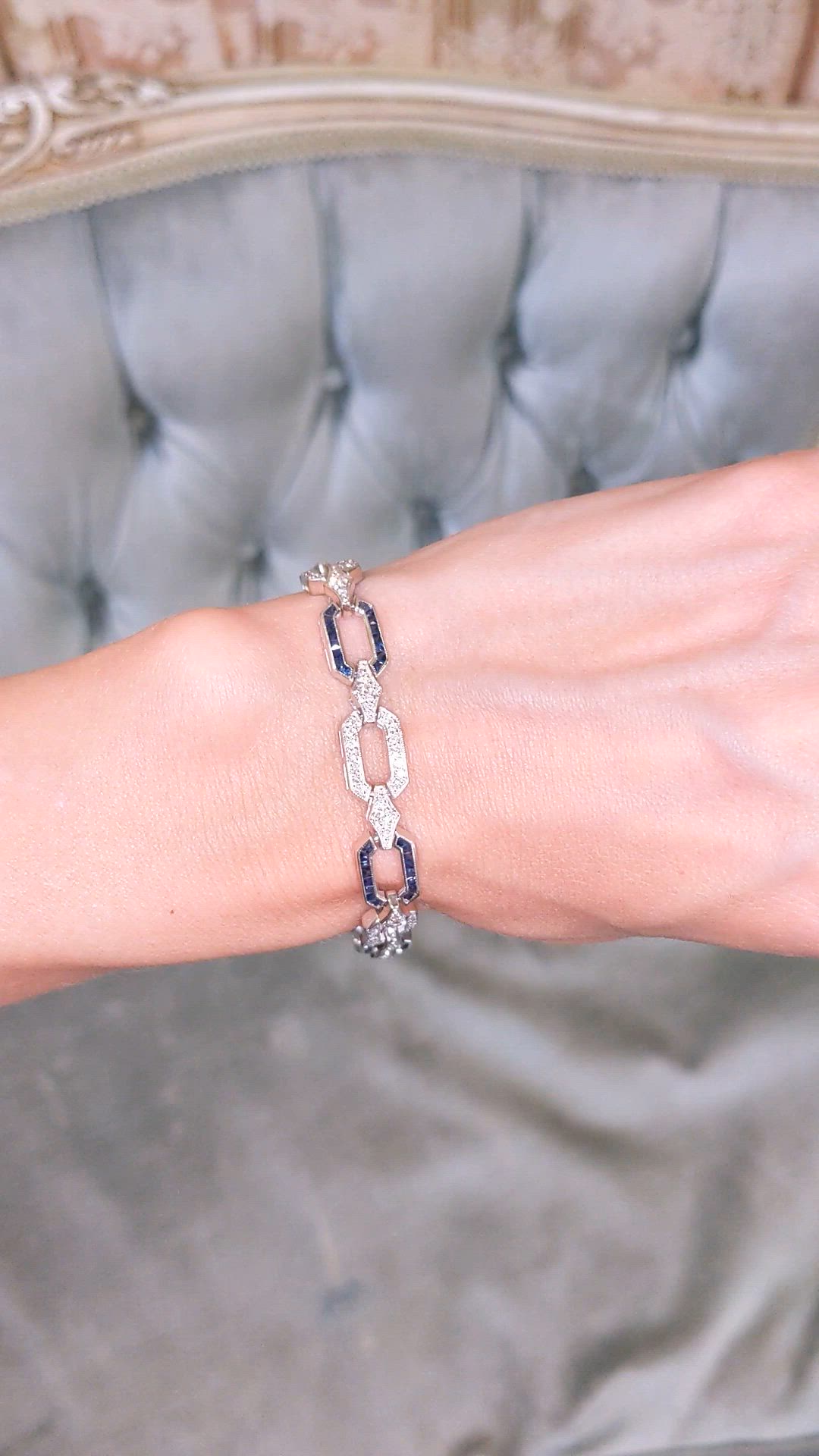 2.90 Ct.Tw. Blue Sapphire and Natural Diamond Pave Bracelet, 18K White Gold Size Video