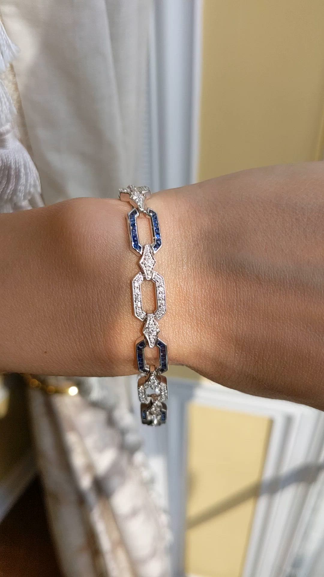 2.90 Ct.Tw. Blue Sapphire and Natural Diamond Pave Bracelet, 18K White Gold Size Video