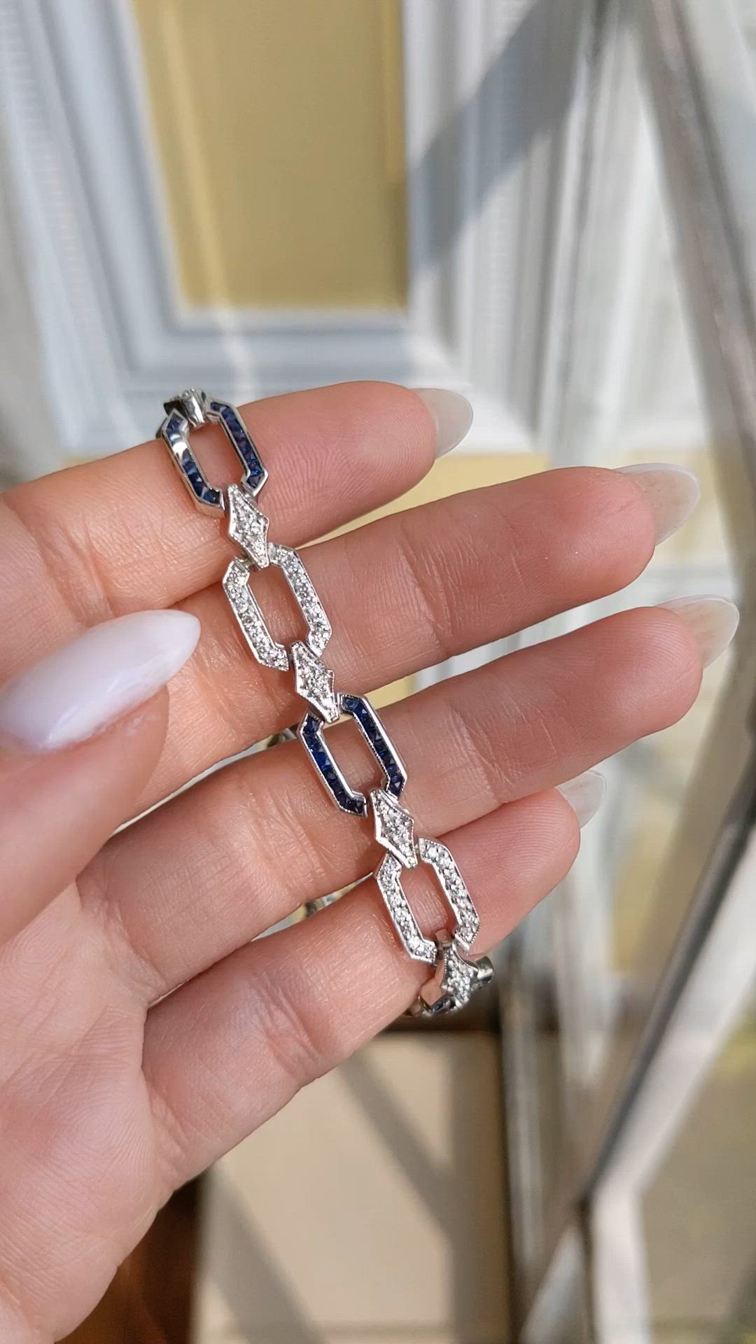 2.90 Ct.Tw. Blue Sapphire and Natural Diamond Pave Bracelet, 18K White Gold Size Video