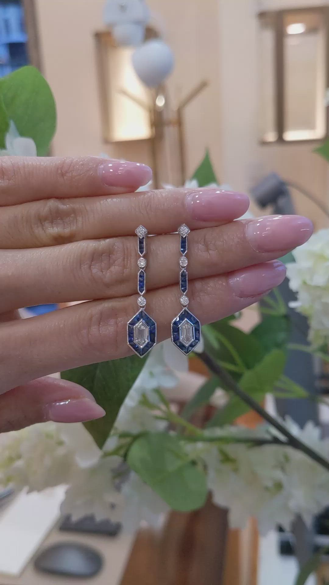 2.75&nbsp;Ct.Tw.Total Carat Weight Blue Sapphire and Natural Diamond Antique Style Earrings, 18K White Gold Size Video