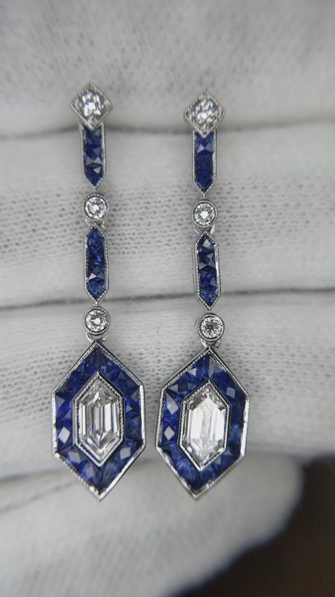 2.75 Ct.Tw. Blue Sapphire and Natural Diamond Antique Style Earrings, 18K White Gold Size Video