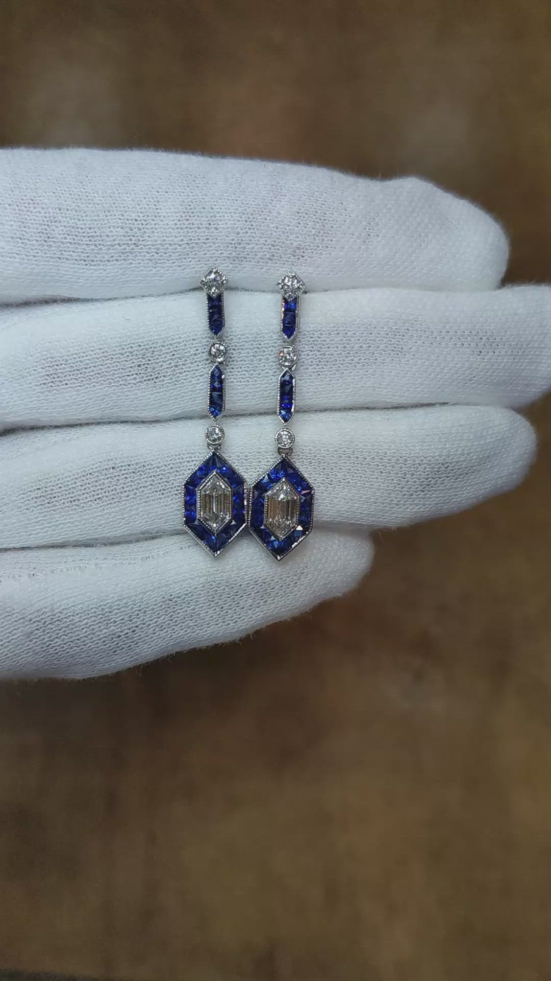 2.75 Ct.Tw. Blue Sapphire and Natural Diamond Antique Style Earrings, 18K White Gold Size Video