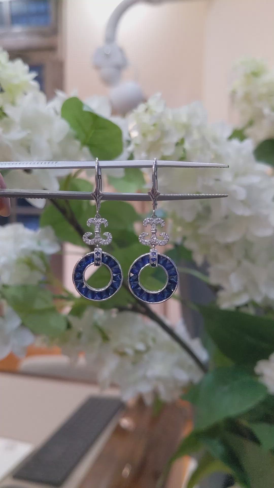 5.70&nbsp;Ct.Tw.Total Carat Weight Blue Sapphire and Natural Diamond Pave Earrings, 18K White Gold Size Video