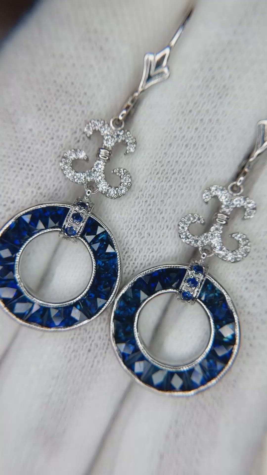 5.70 Ct.Tw. Blue Sapphire and Natural Diamond Pave Earrings, 18K White Gold Size Video