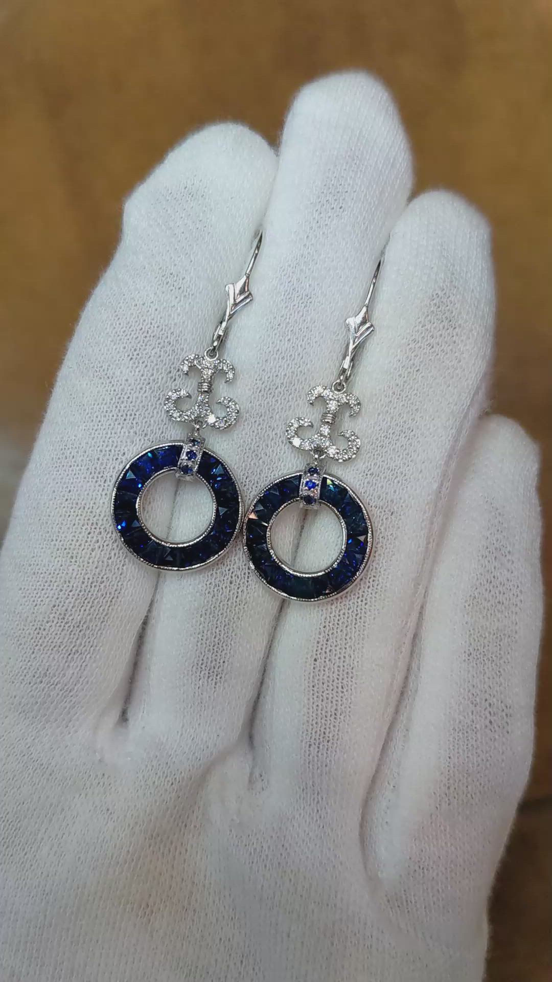 5.70 Ct.Tw. Blue Sapphire and Natural Diamond Pave Earrings, 18K White Gold Size Video