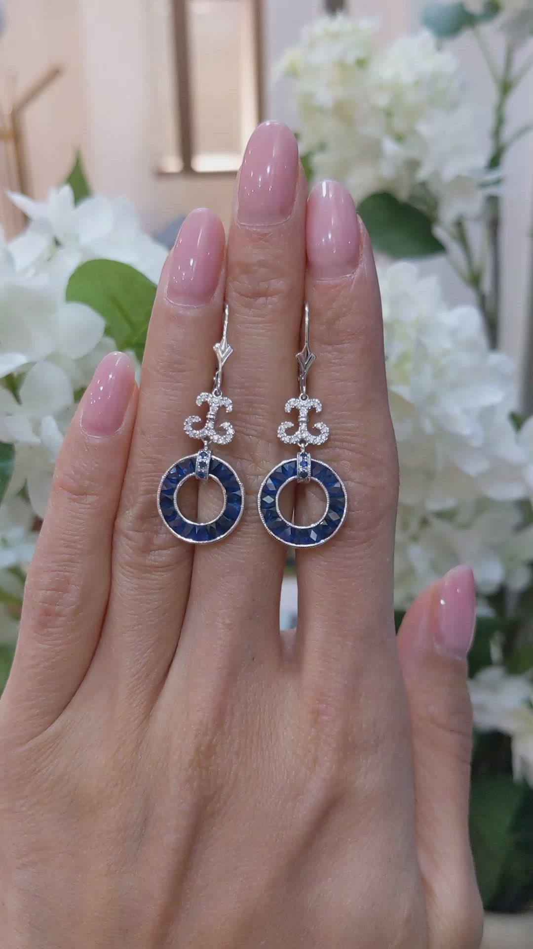 5.70&nbsp;Ct.Tw.Total Carat Weight Blue Sapphire and Natural Diamond Pave Earrings, 18K White Gold Size Video