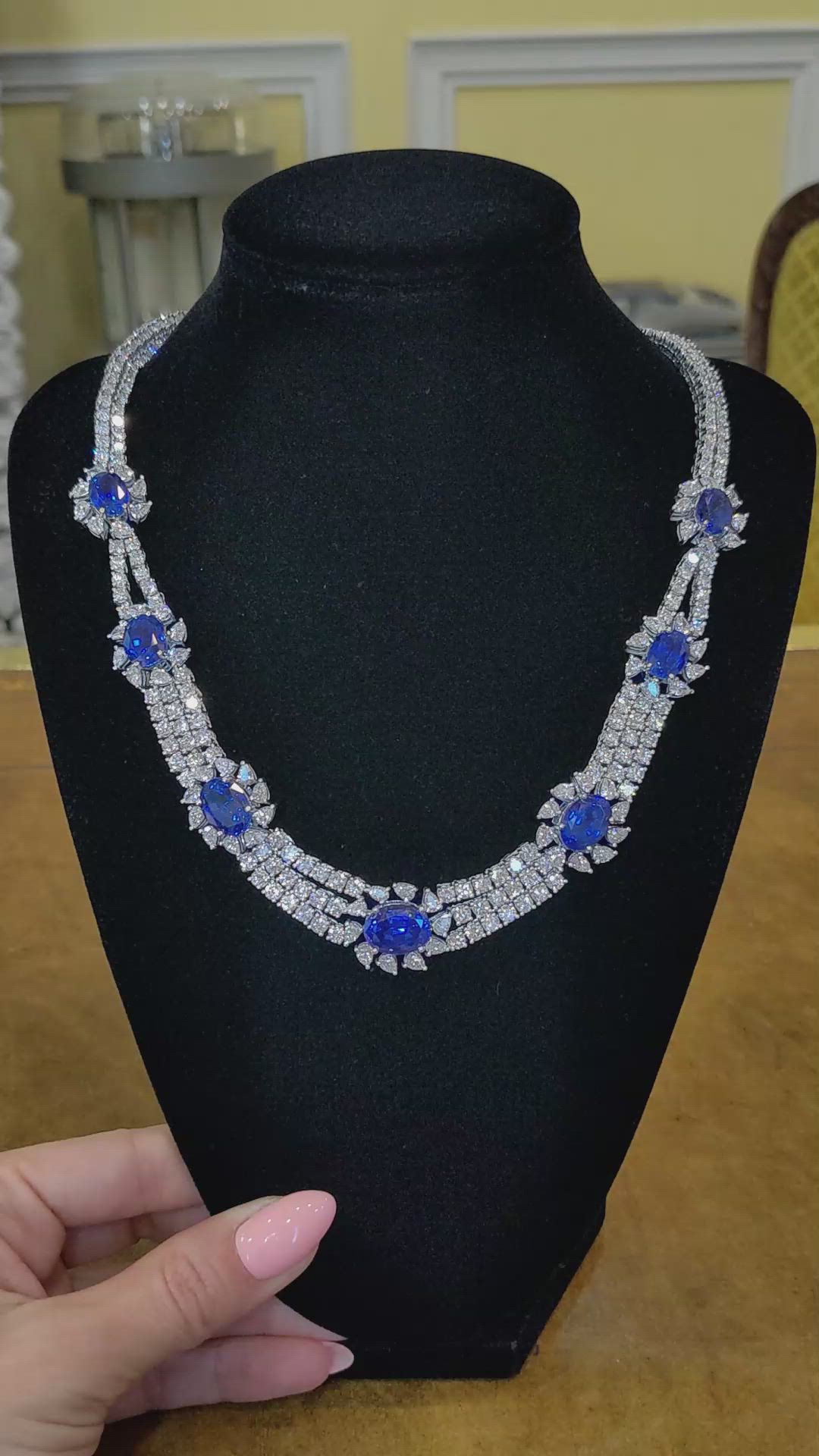 38.78 Ct. Blue Sapphire and Natural Diamond Halo Necklace, 18K White Gold Size Video