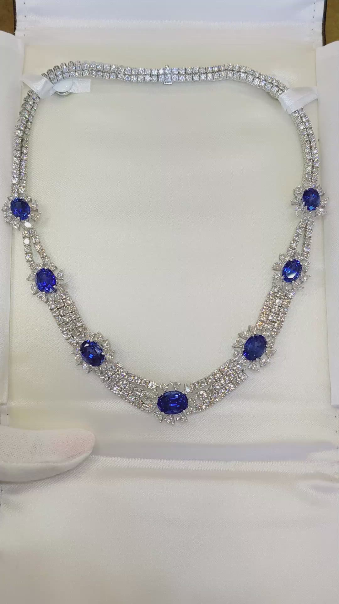 38.78 Ct. Blue Sapphire and Natural Diamond Halo Necklace, 18K White Gold Size Video