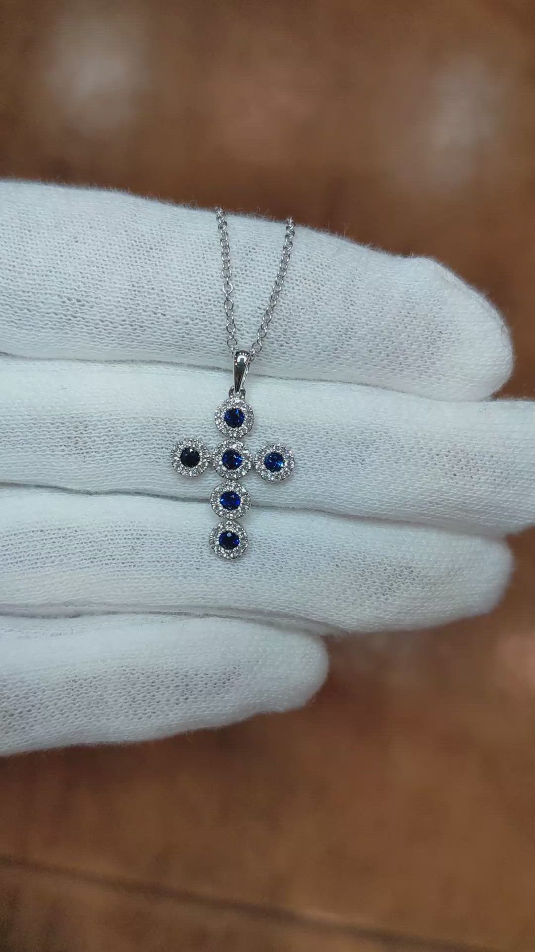 0.34 Ct. Blue Sapphire and Natural Diamond Religious Pendant, 18K White Gold Size Video