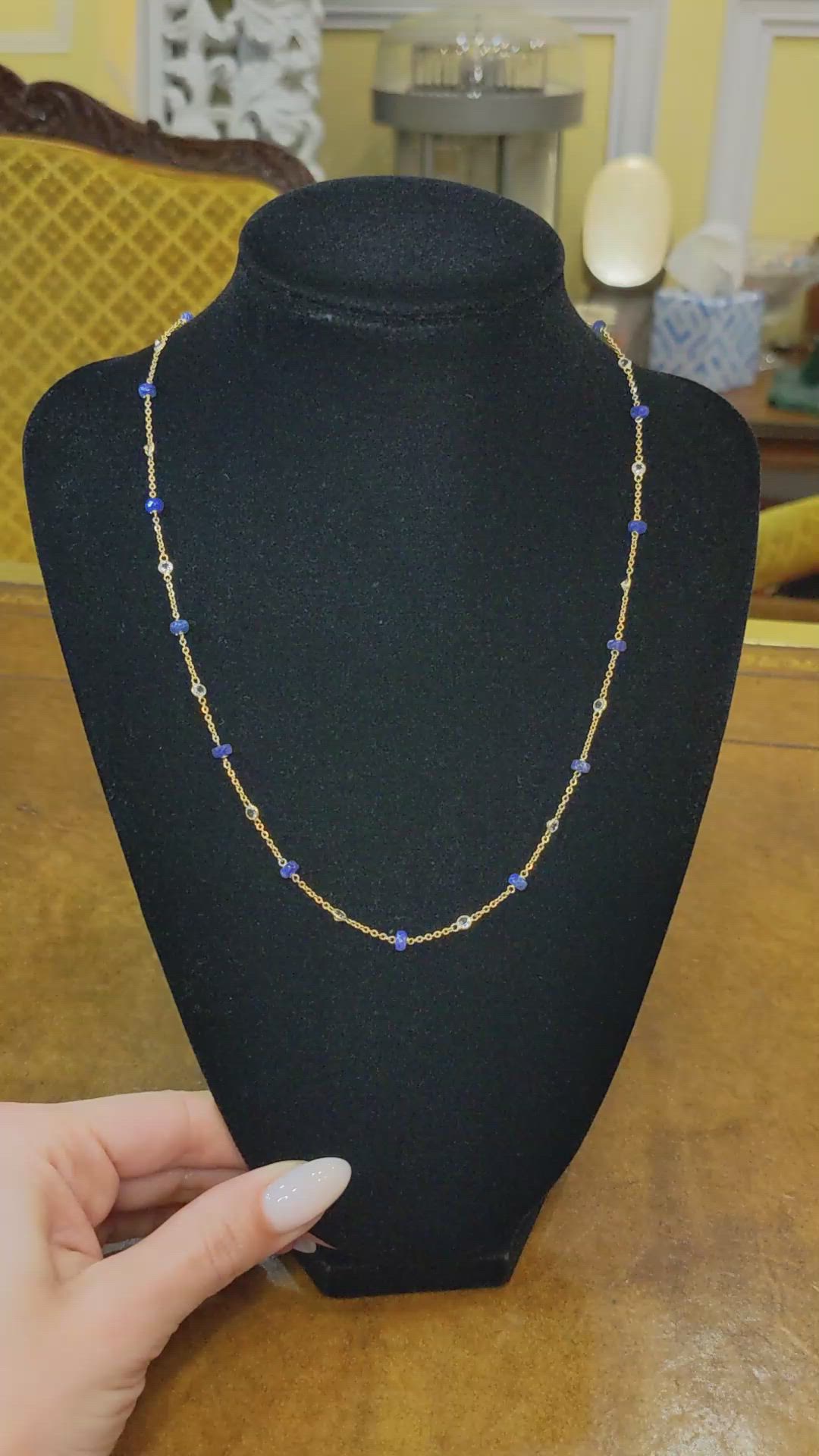 7.10 Ct. Blue Sapphire and White Topaz Accent Stones Necklace, 18K Yellow Gold Size Video