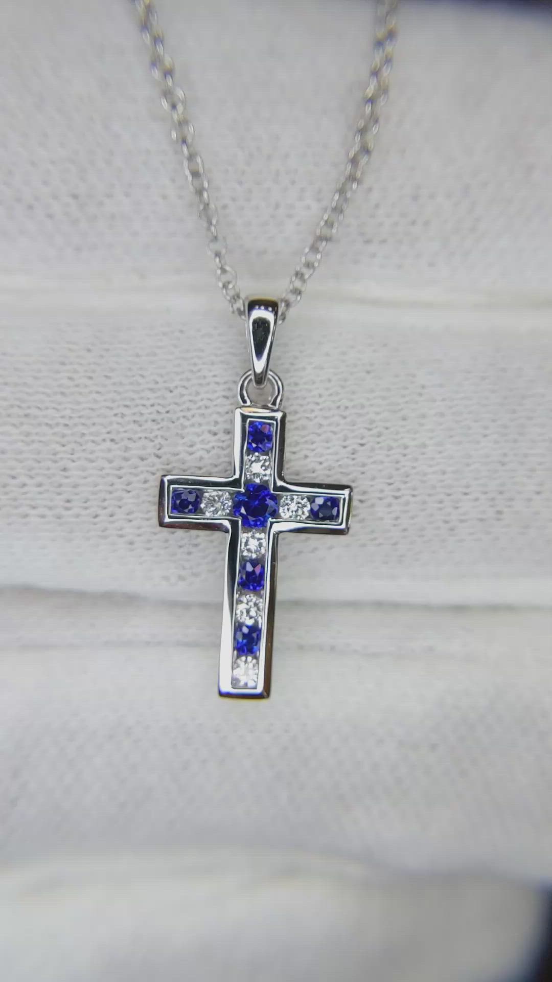 0.18 Ct. Blue Sapphire and Natural Diamond Religious Pendant, 14K White Gold Size Video