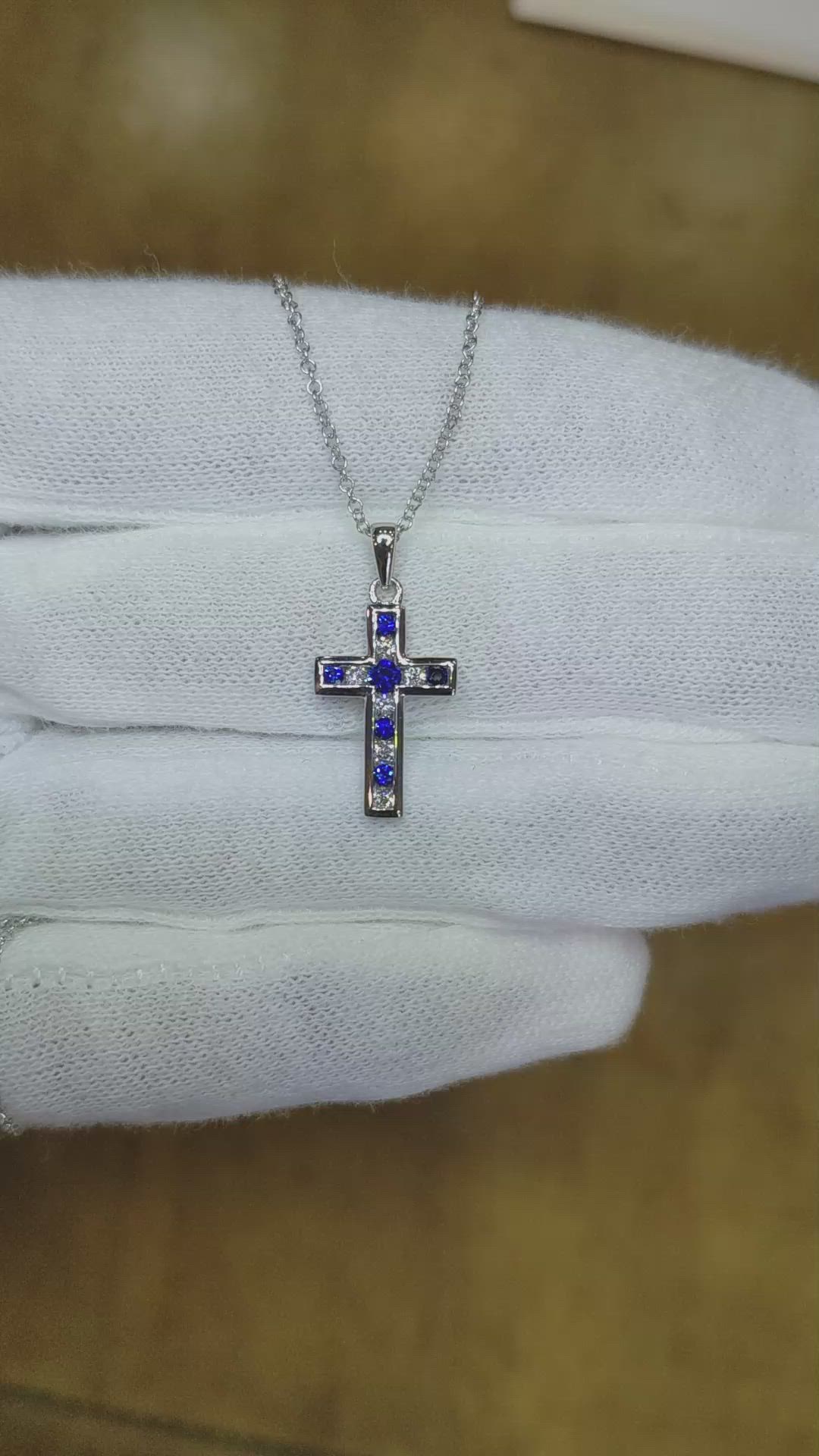 0.18 Ct. Blue Sapphire and Natural Diamond Religious Pendant, 14K White Gold Size Video