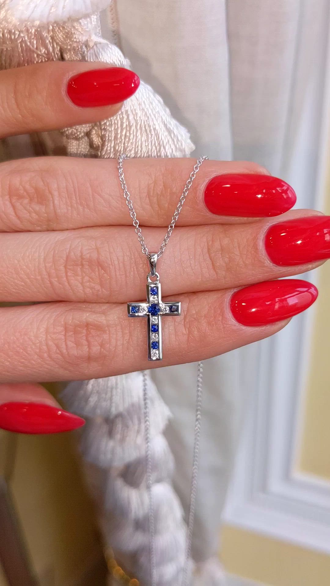 0.18 Ct. Blue Sapphire and Natural Diamond Religious Pendant, 14K White Gold Size Video