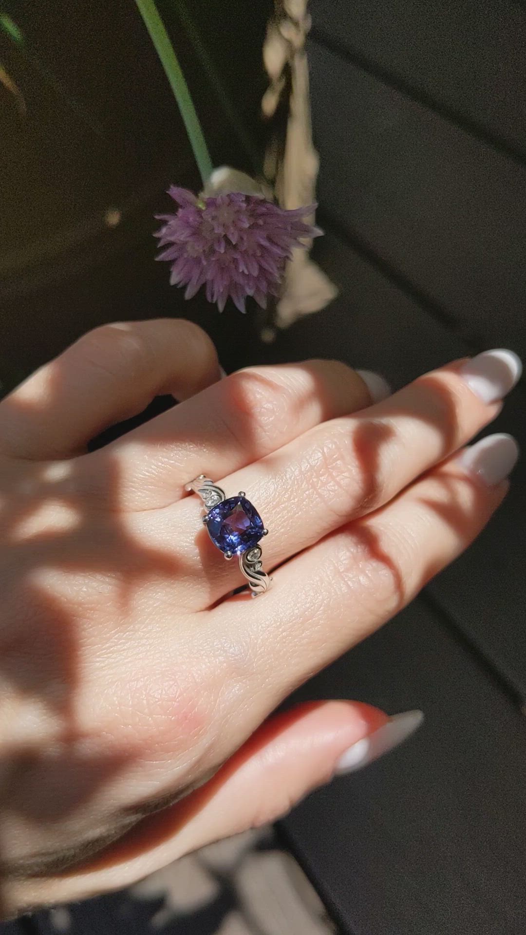 2.69 Ct. Purplish Blue Sapphire and Natural Diamond Floral Ring, Platinum 950 Size Video