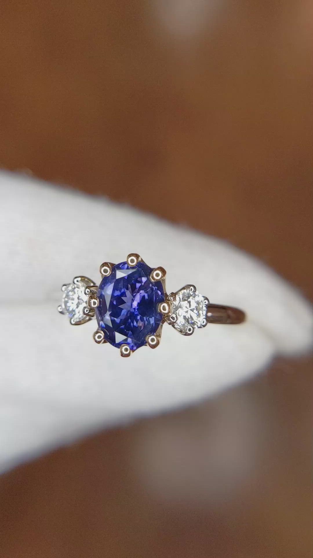 1.61 Ct. Color Change Sapphire and Natural Diamond Three Stone Ring, 18K White & Yellow Size Video