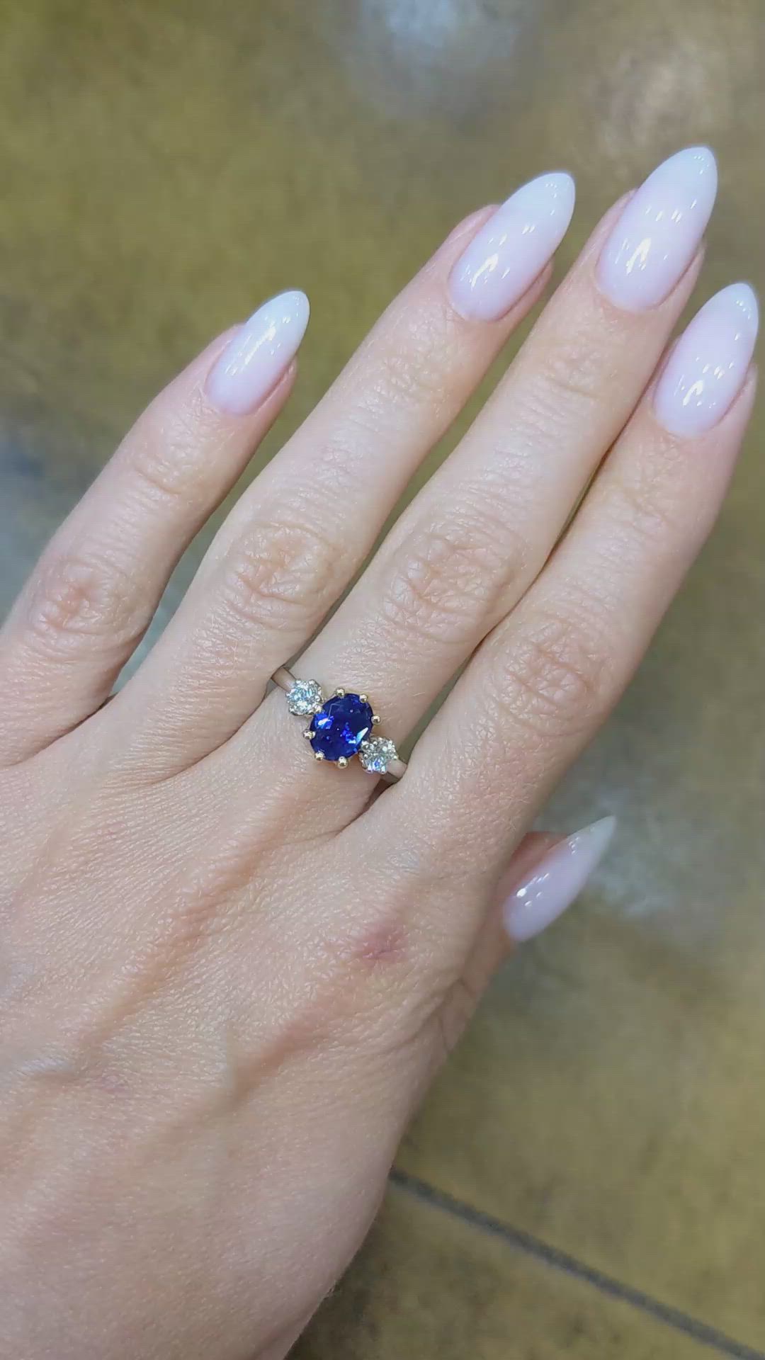 1.61 Ct. Color Change Sapphire and Natural Diamond Three Stone Ring, 18K White & Yellow Size Video