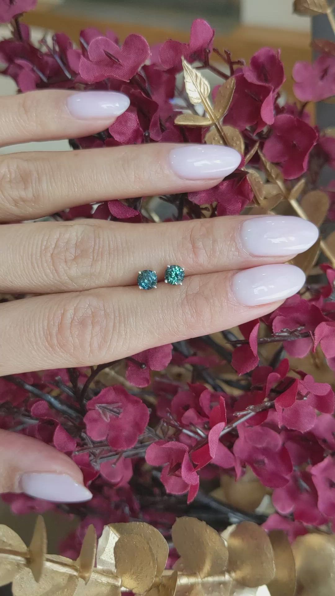 1.10&nbsp;Ct.Tw.Total Carat Weight Bluish Green Sapphire Studs Earrings, 14K White Gold Size Video