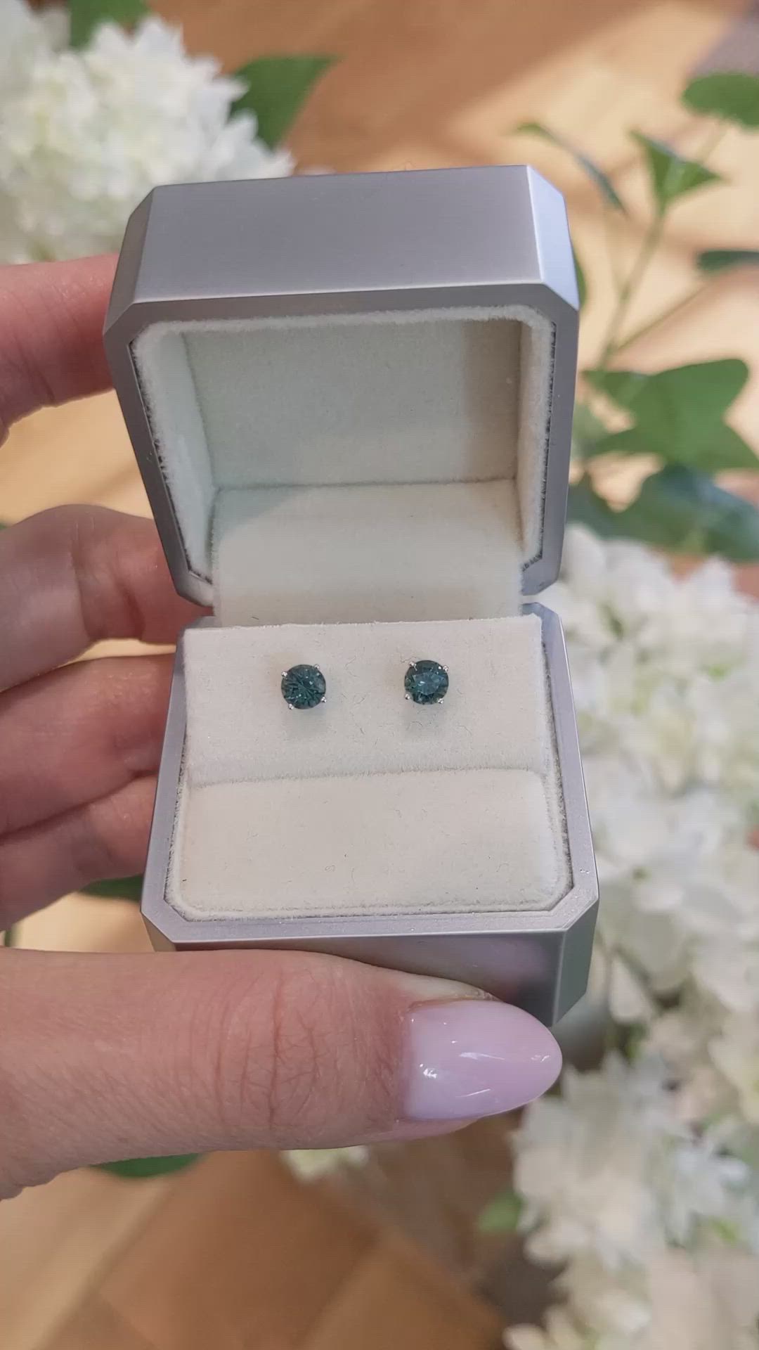 1.10&nbsp;Ct.Tw.Total Carat Weight Bluish Green Sapphire Studs Earrings, 14K White Gold Size Video
